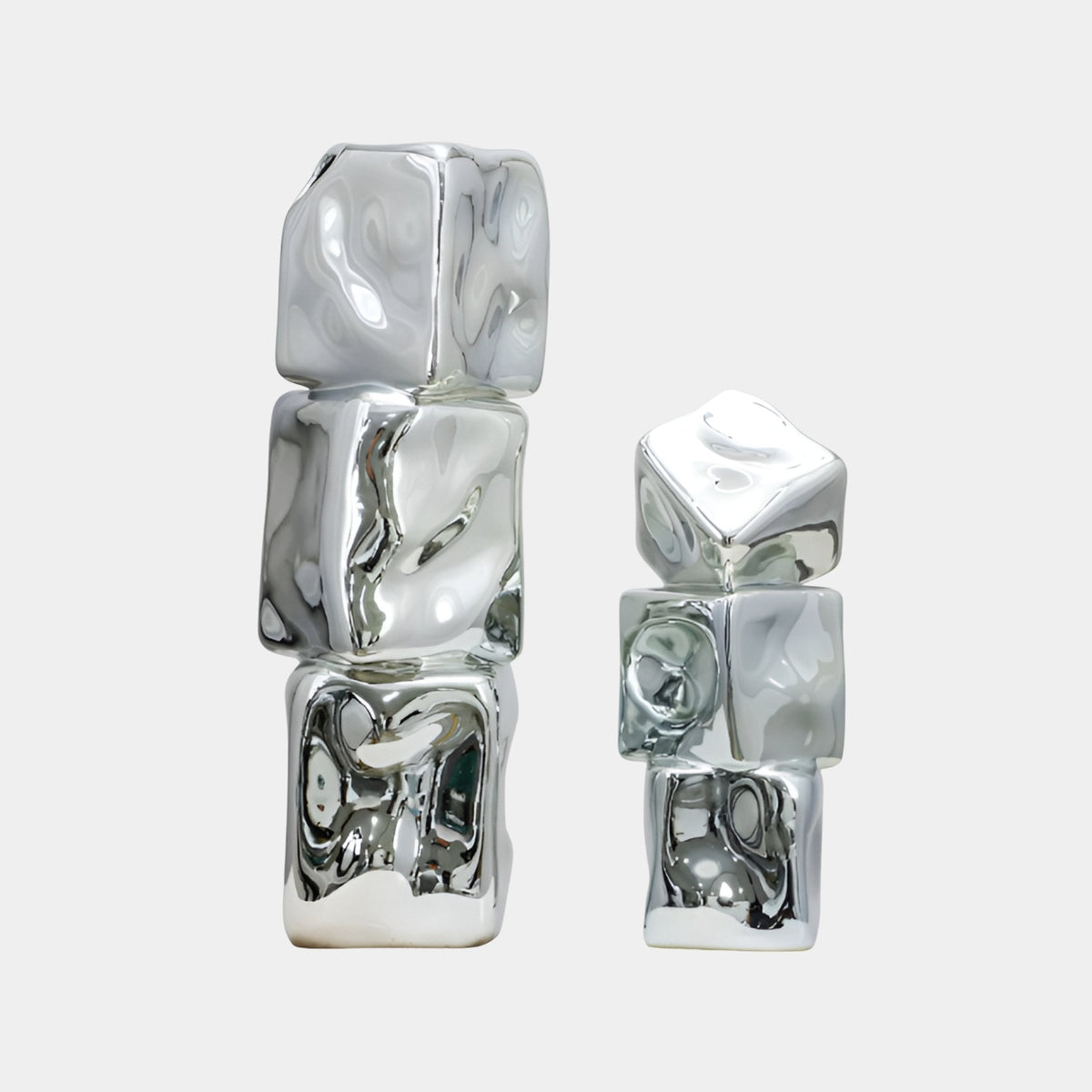 Burngate Silver Crystals Sculpture - 90cm, two stacked sets of mirror-finish silver crystal-shaped forms in varying heights, shown on a plain white background.