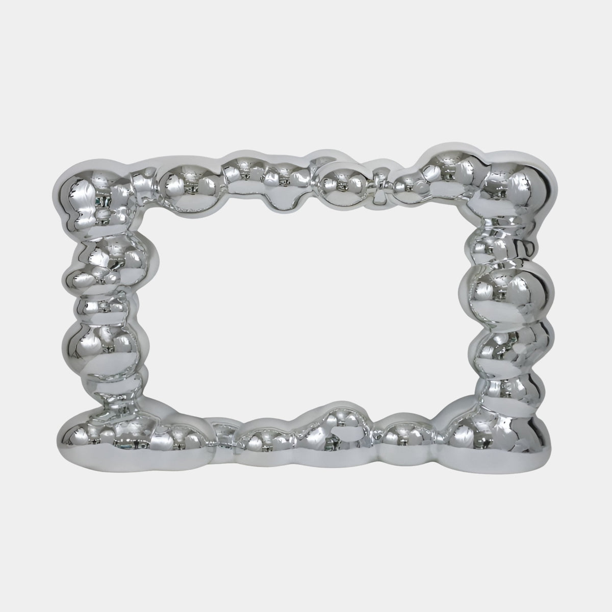 Burnend Silver Frame Sculpture - 170cm, a bubble-textured mirror-bright chrome rectangular frame sculpture in fibreglass, shown on a plain white background.