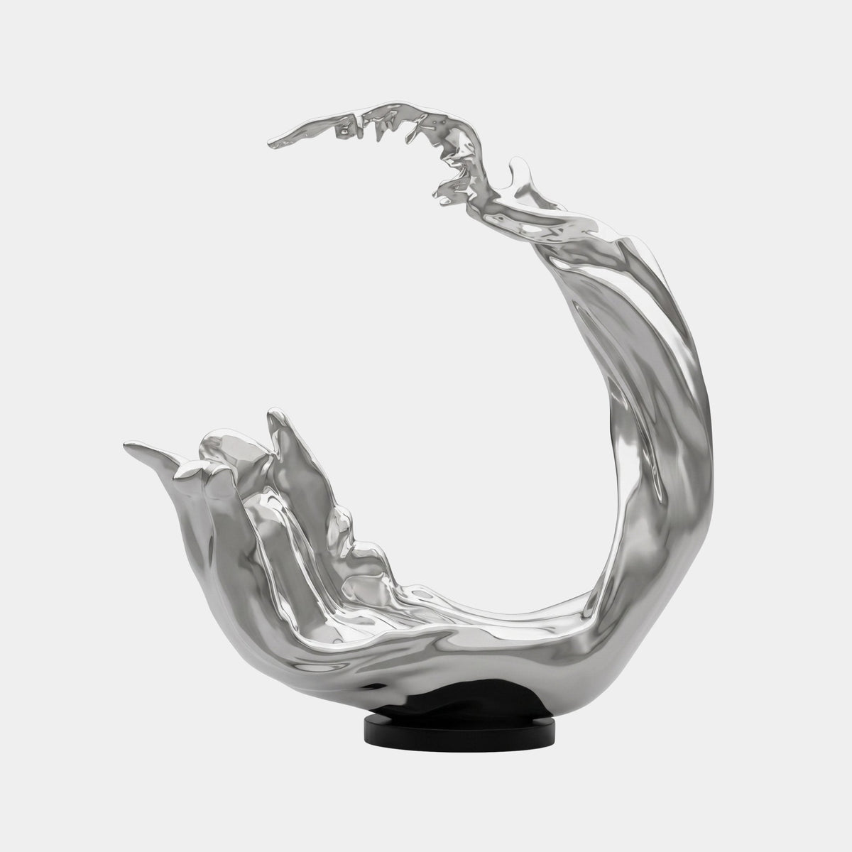Caldton Silver Splash Sculpture - 166cm, a curved fibreglass wave form in mirror-bright silver on a black round base, shown against a plain white background.