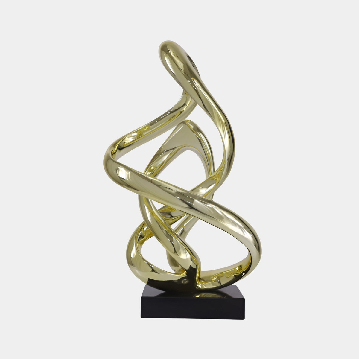 Caldby Gold Abstract Sculpture - 81cm, a fibreglass flame ribbon form in mirror-bright gold on a black base, set against a plain light background.