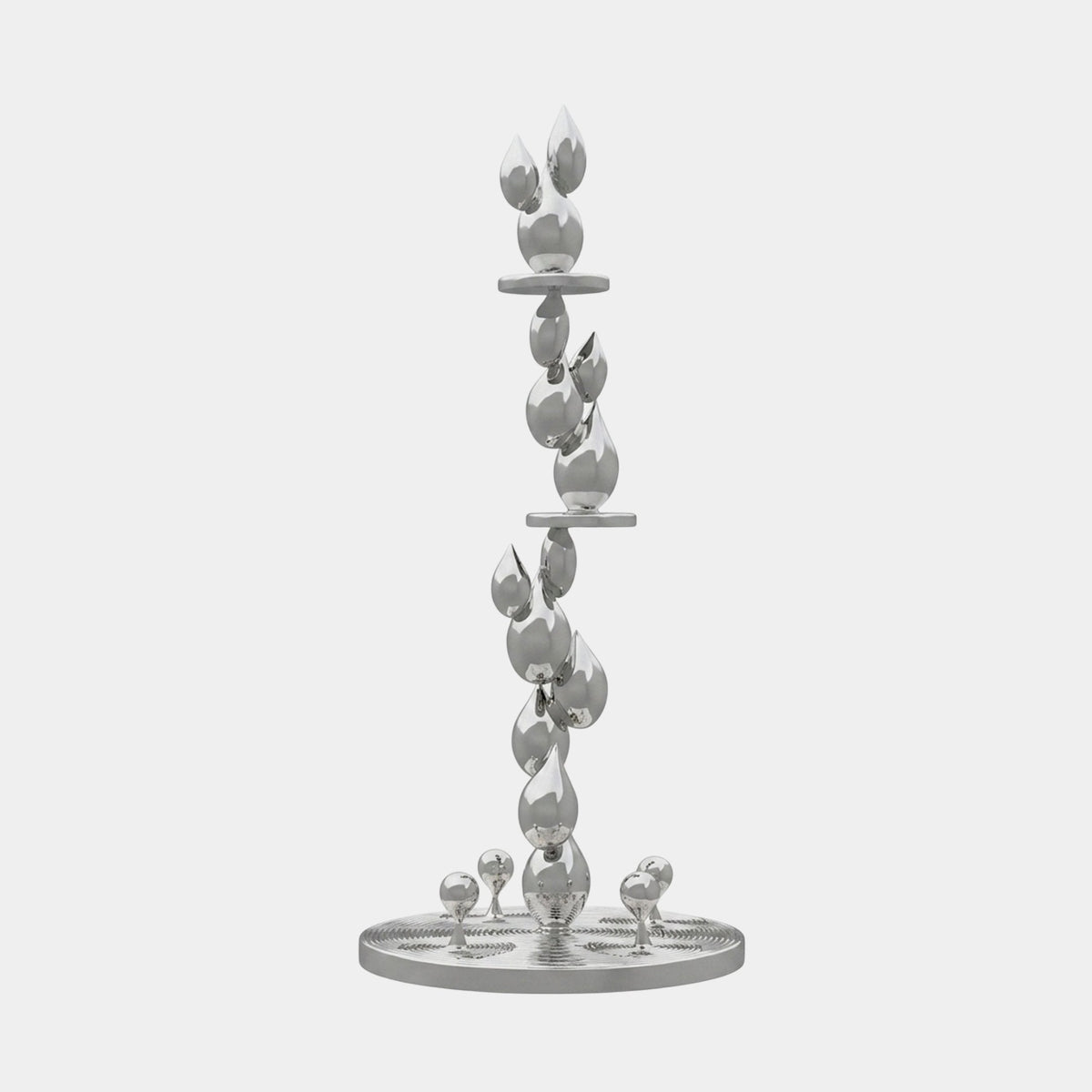 Caldbourne Silver Abstract Sculpture - 200cm, a tapering fibreglass column of stacked teardrop forms with a mirror-bright chrome silver finish on a round base, shown on a plain light background.