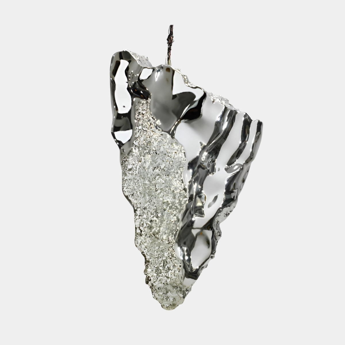Caldhurst Silver Abstract Sculpture - 37cm, a chrome-silver crystal-textured resin form with polished contours, shown on a plain white background.