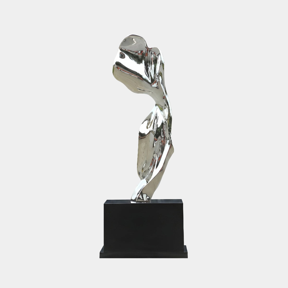 Caldgate Black & Silver Abstract Sculpture - 200cm, a mirror-finish fibreglass knot form on a black rectangular base, shown against a plain light grey background.