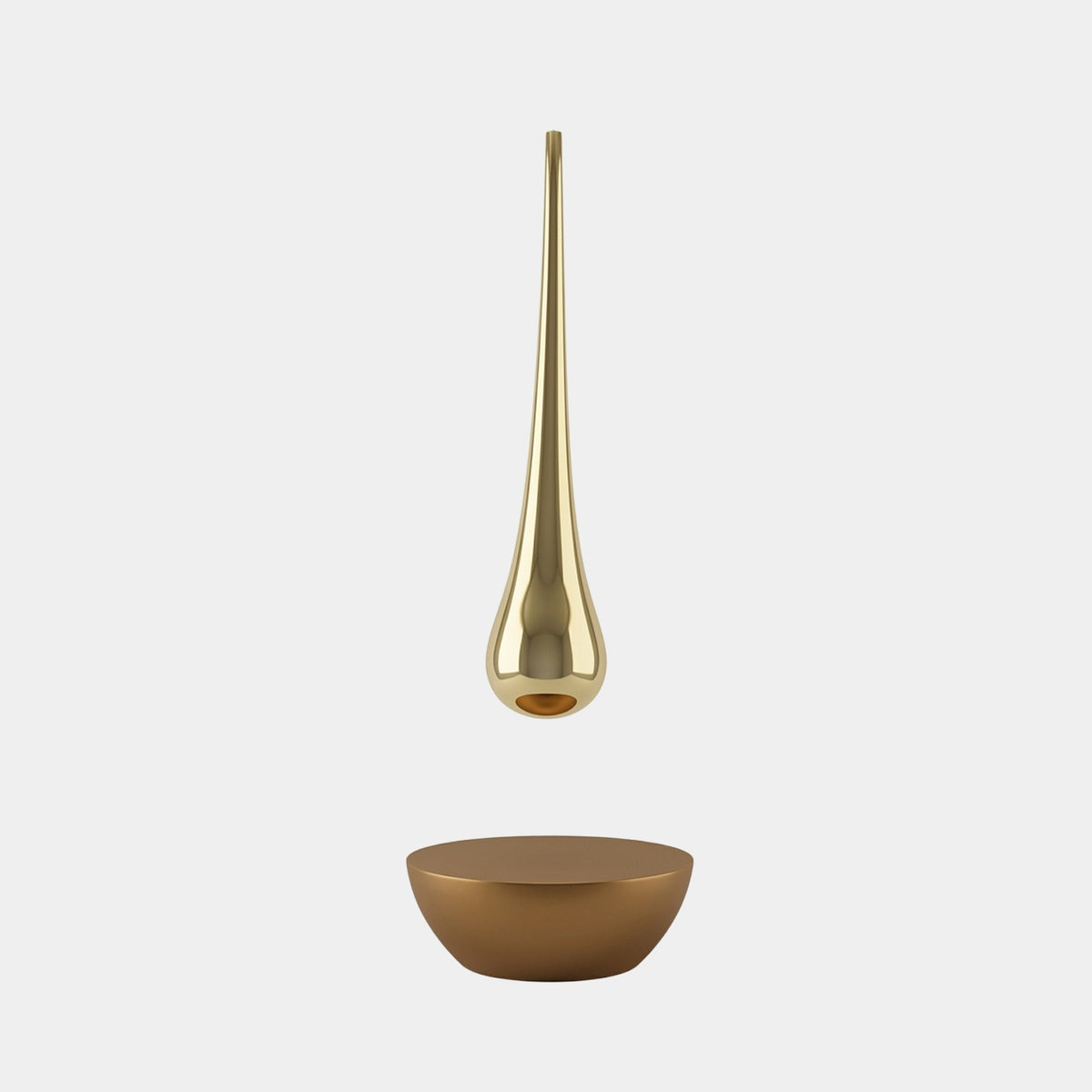 Cranstead Gold Water Drop Sculpture - 176cm, a mirror-bright gold fibreglass droplet suspended above a matching bowl base, shown on a plain white background.