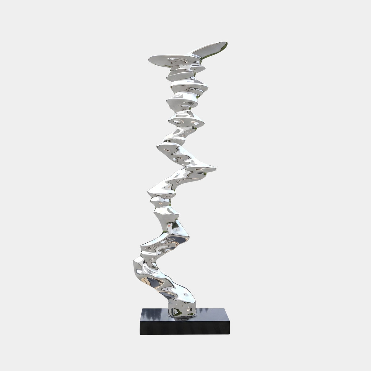 Cranhurst Silver Splash Sculpture - 220cm, a tall fibreglass zigzag form in mirror-bright silver chrome finish, set on a black base against a plain light grey background.
