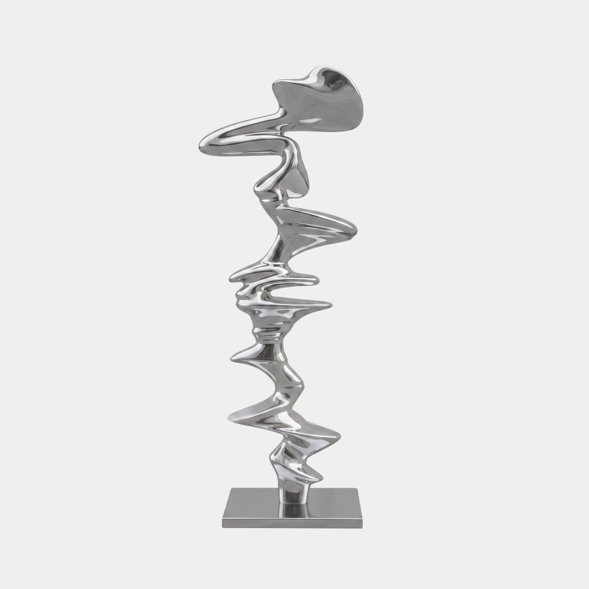 Cranlow Silver Abstract Sculpture - 167cm, a mirror-finish fibreglass twisting form on a rectangular base, shown against a plain light grey background.