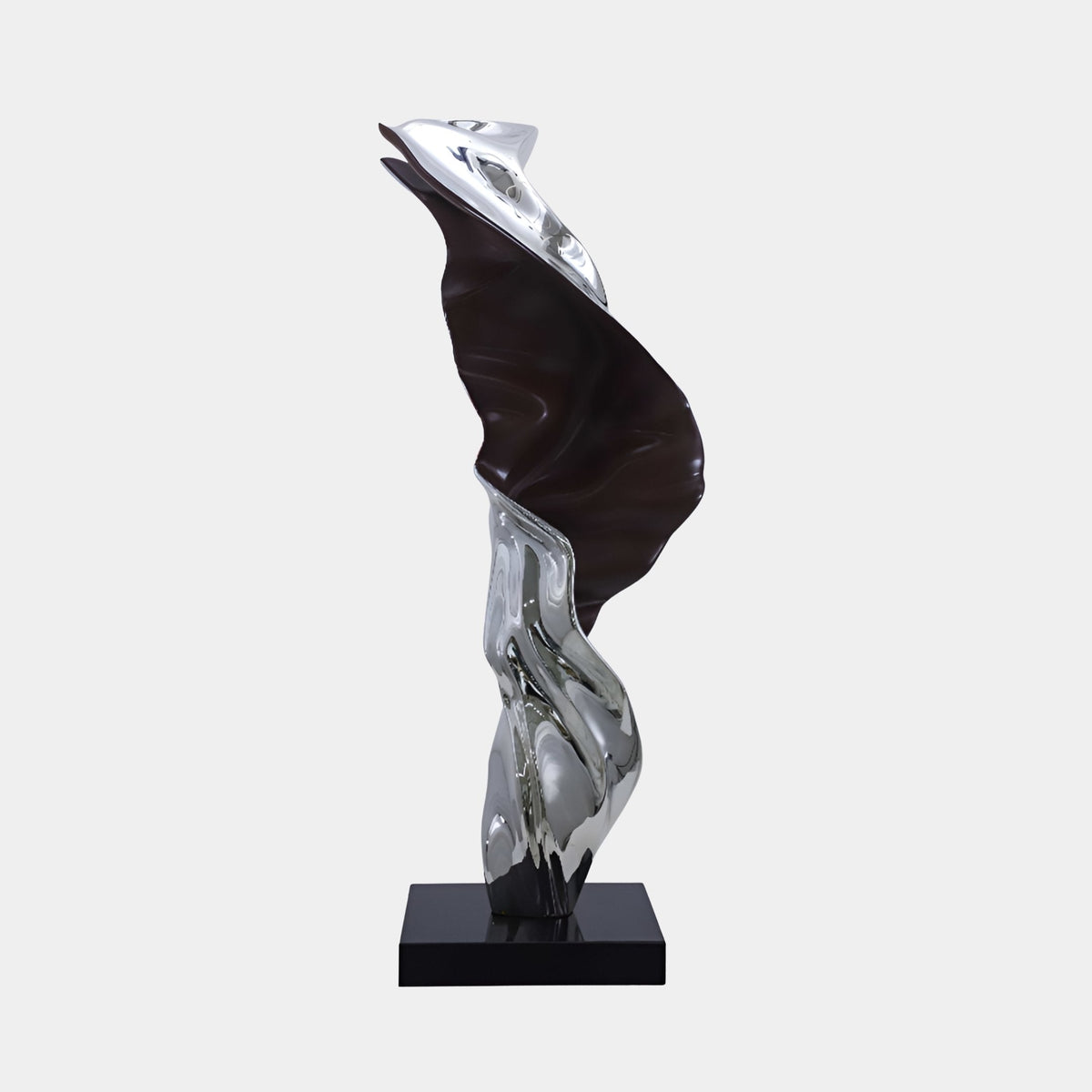 Dunfield Black & Silver Abstract Sculpture, 130cm fibreglass twisting form with mirror-bright silver and dark brown finish on a black base, plain white background.