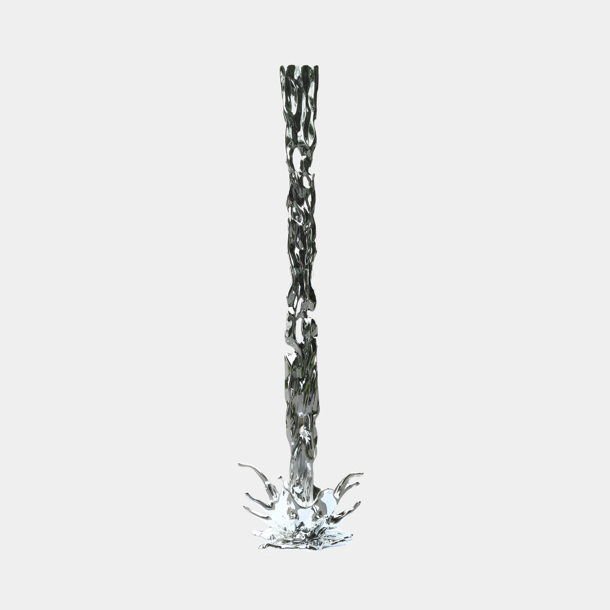 Dunwell Silver Abstract Sculpture, 300cm tall fibreglass piece with a mirror-bright silver finish resembling flowing bamboo-reed, set on a plain white background.