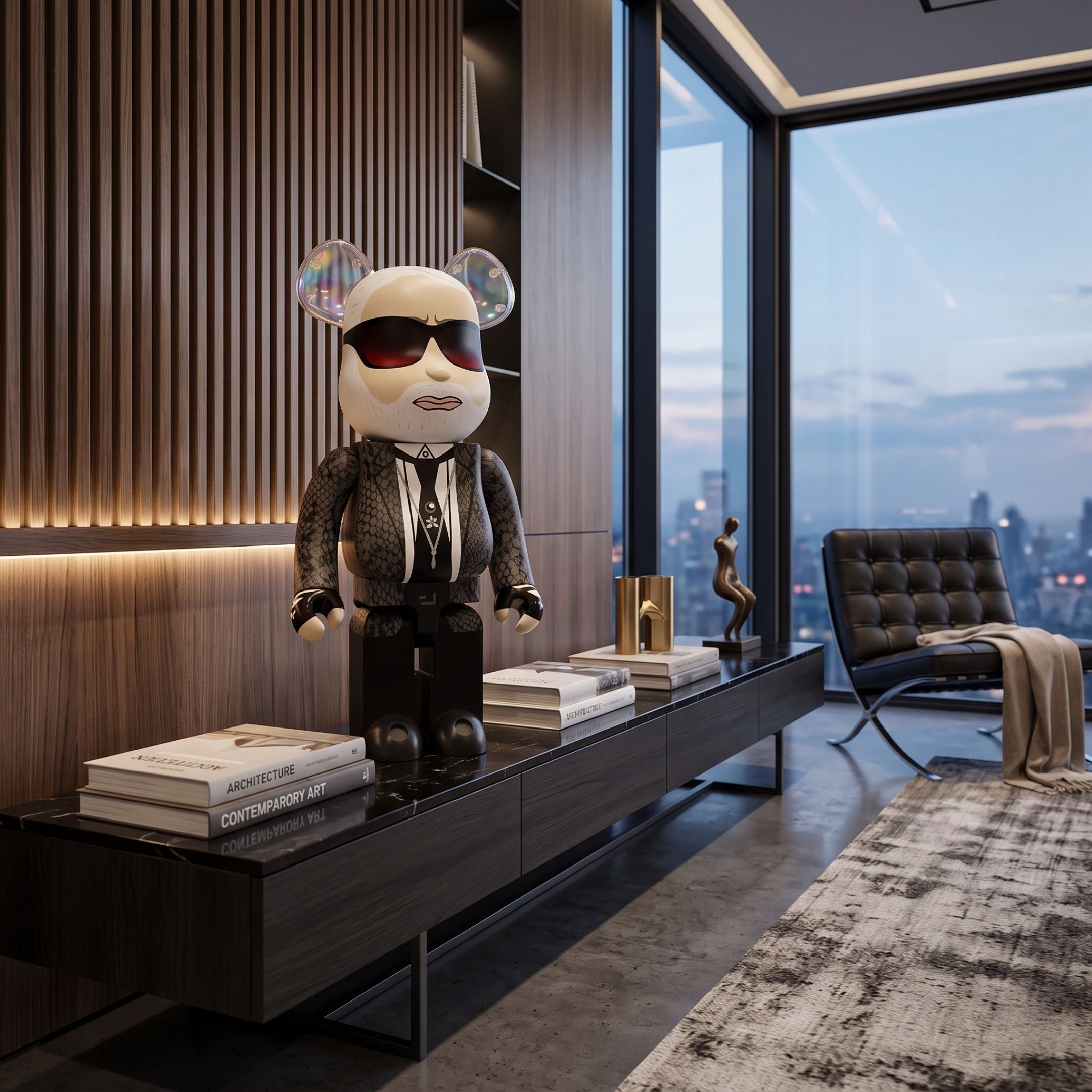 Bearded Gentleman Bear Sculpture - 70cm in patterned black suit and sunglasses, displayed on a dark console beside books in a modern living room with city-view windows.