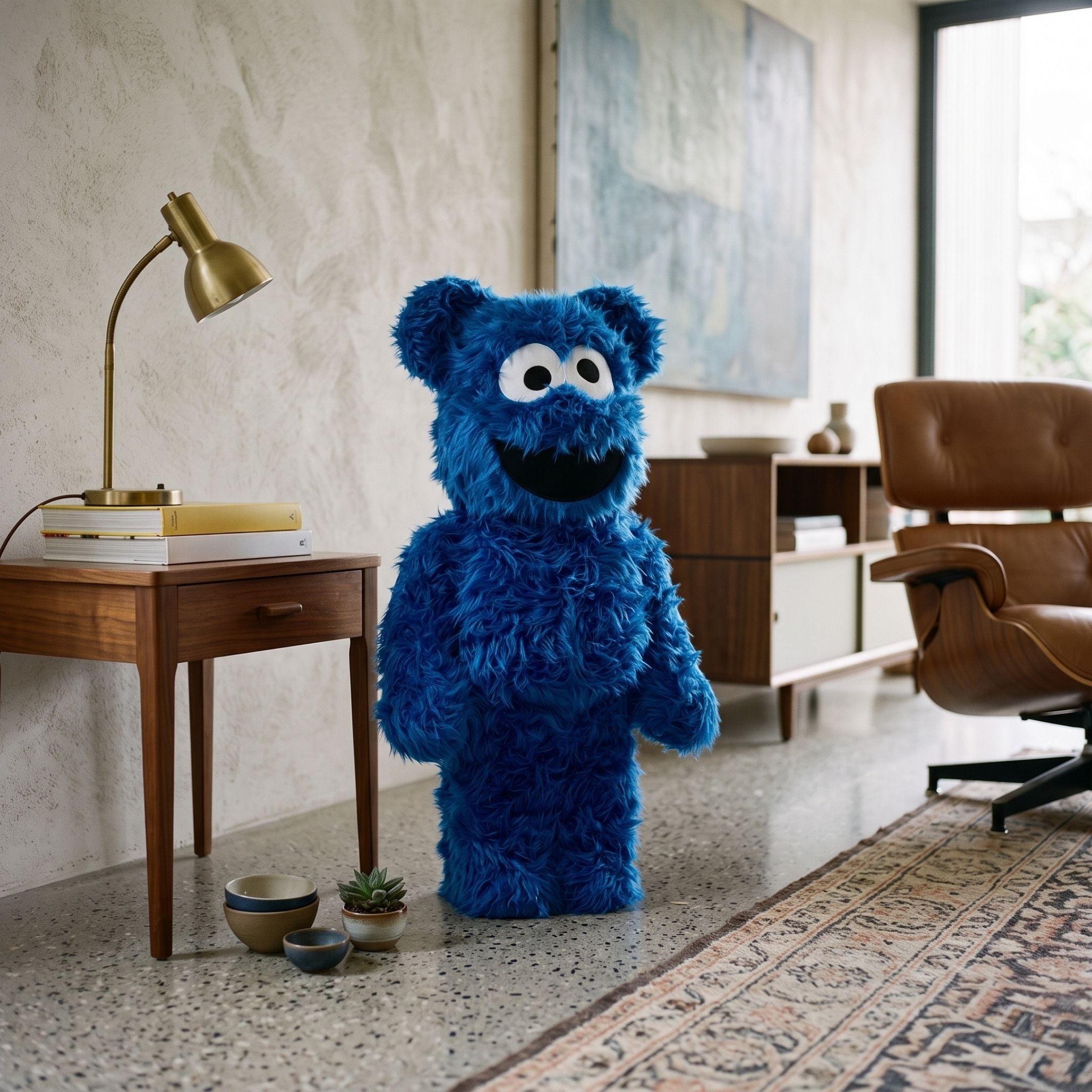 Blue Fuzzy Bear Sculpture - 70cm by Giant Sculptures, standing upright beside a mid-century side table and leather armchair in a living room setting.