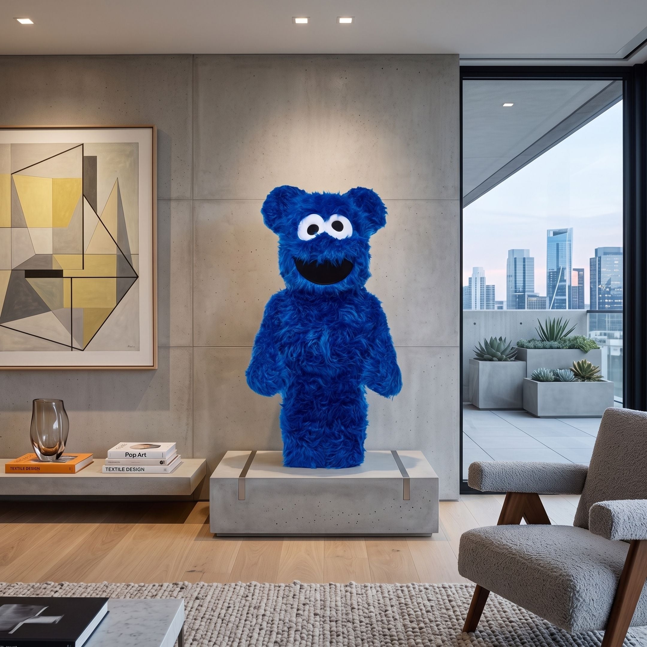 Blue Fuzzy Bear Sculpture - 70cm by Giant Sculptures, textured resin bear with white eyes on a concrete plinth in a modern living room with city view.