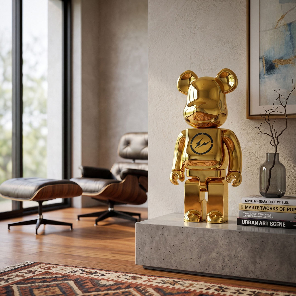 Bolt Emblem Gold Bear Sculpture - 70cm, mirror gold finish with bolt chest emblem, on a concrete plinth in a living room with leather lounge chairs.