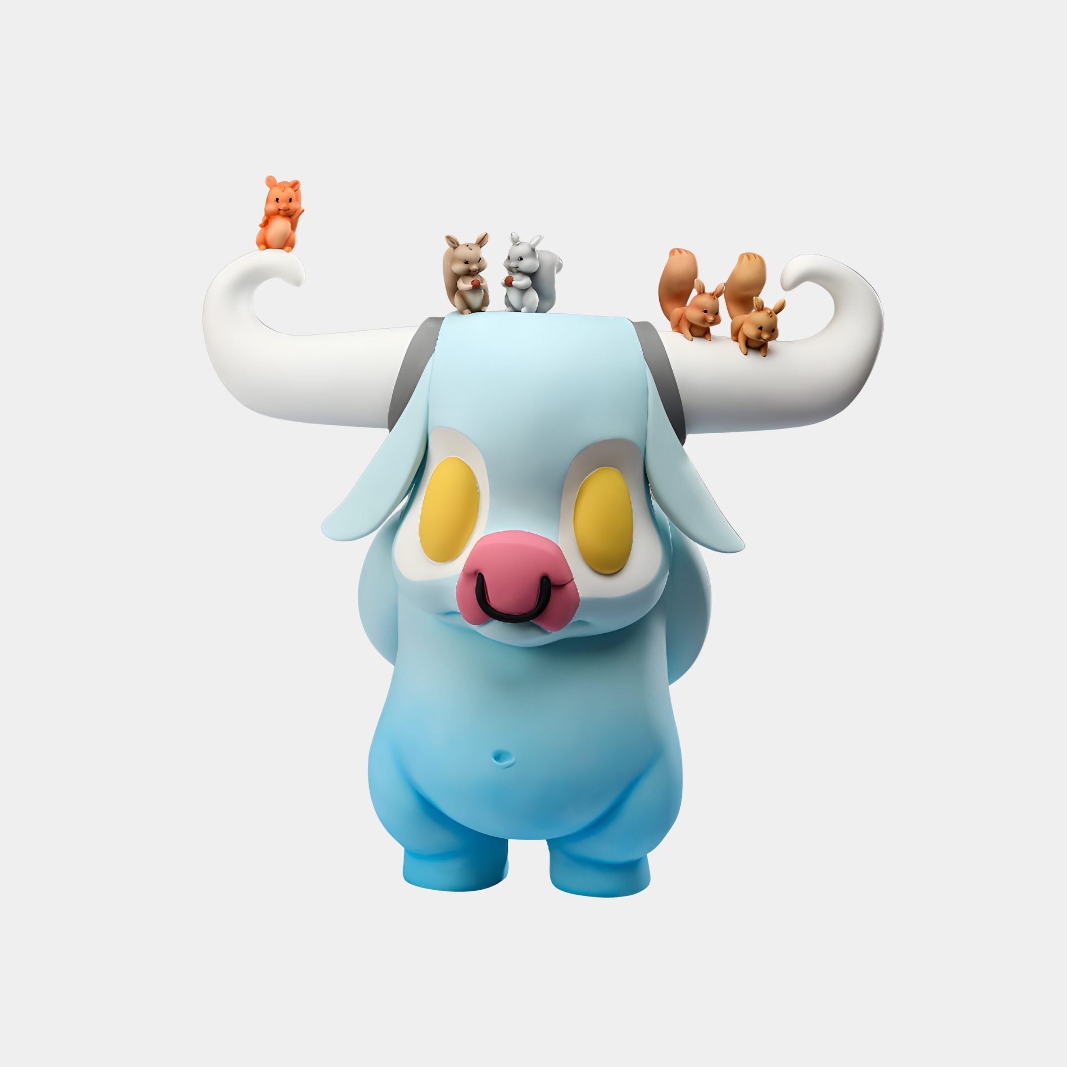 Ashgrove Blue Monster Sculpture - 70cm, a fibreglass horned figure in light blue with yellow eyes and curled white horns holding six small squirrel figures, shown on a plain white background.