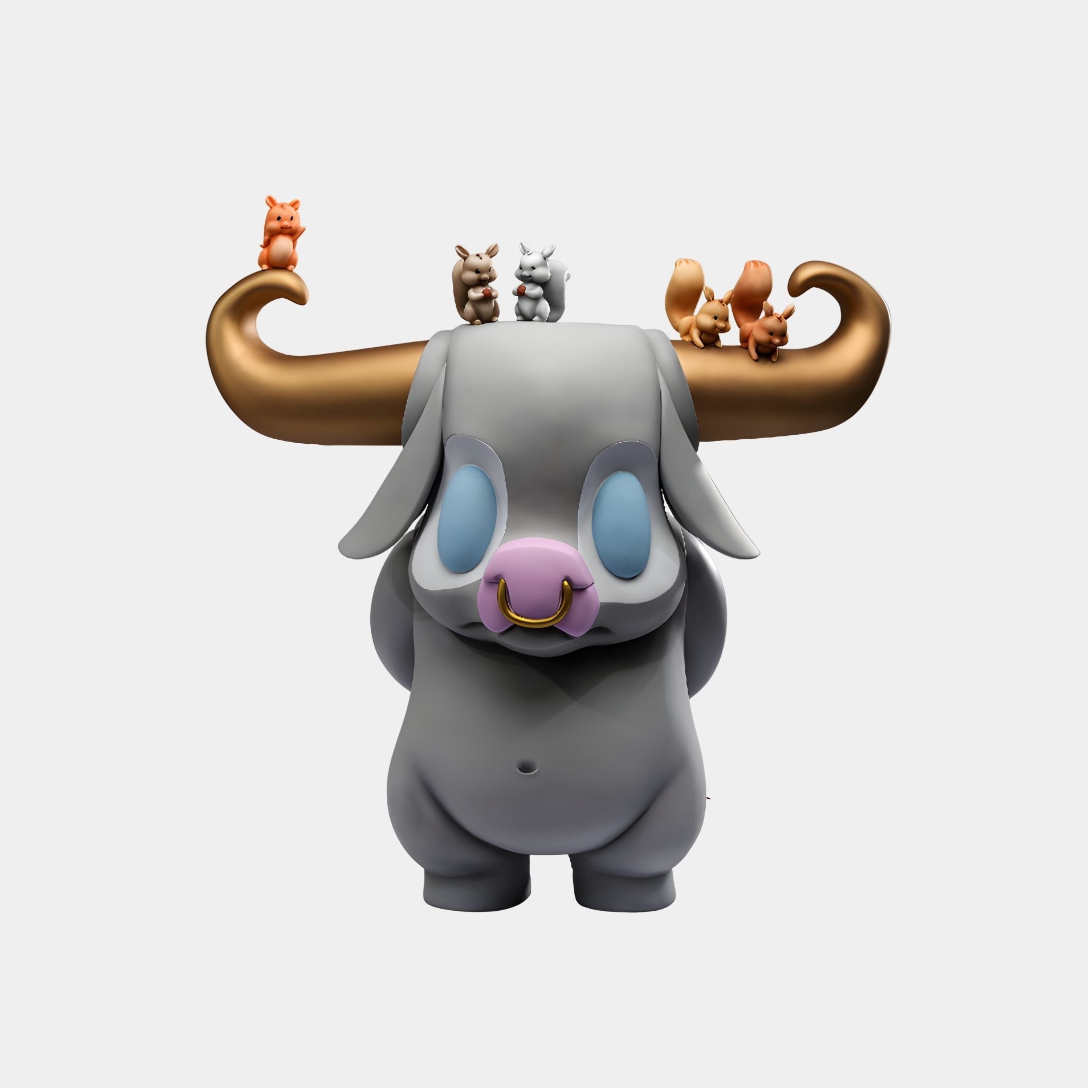 Ashgrove Grey Monster Sculpture - 70cm by Giant Sculptures, a fibreglass horned figure with pink nose and gold ring, small animal figures perched on its horns, on a plain white background.