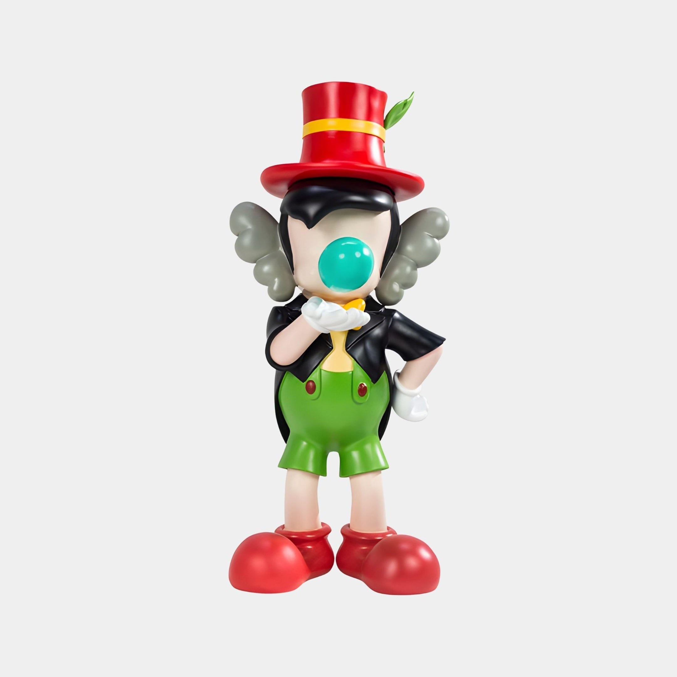 Caldwold Green Clown Sculpture - 75cm by Giant Sculptures, a fibreglass figure in a red top hat and green shorts with wing-like ears, on a plain white background.