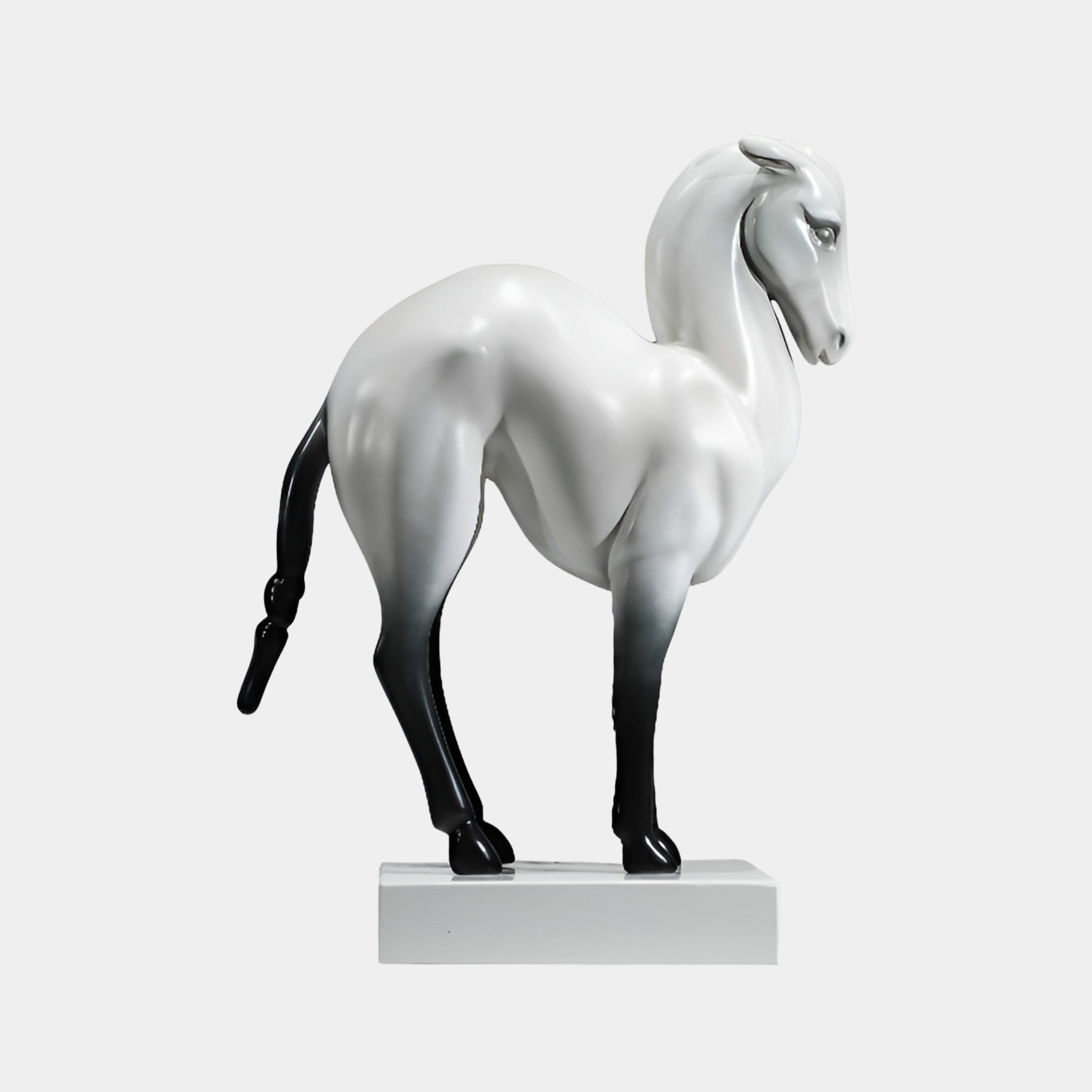 Cranwick White Horse Sculpture - 60cm, fibreglass horse in white with black lower legs and tail, standing on a rectangular base against a plain light background.