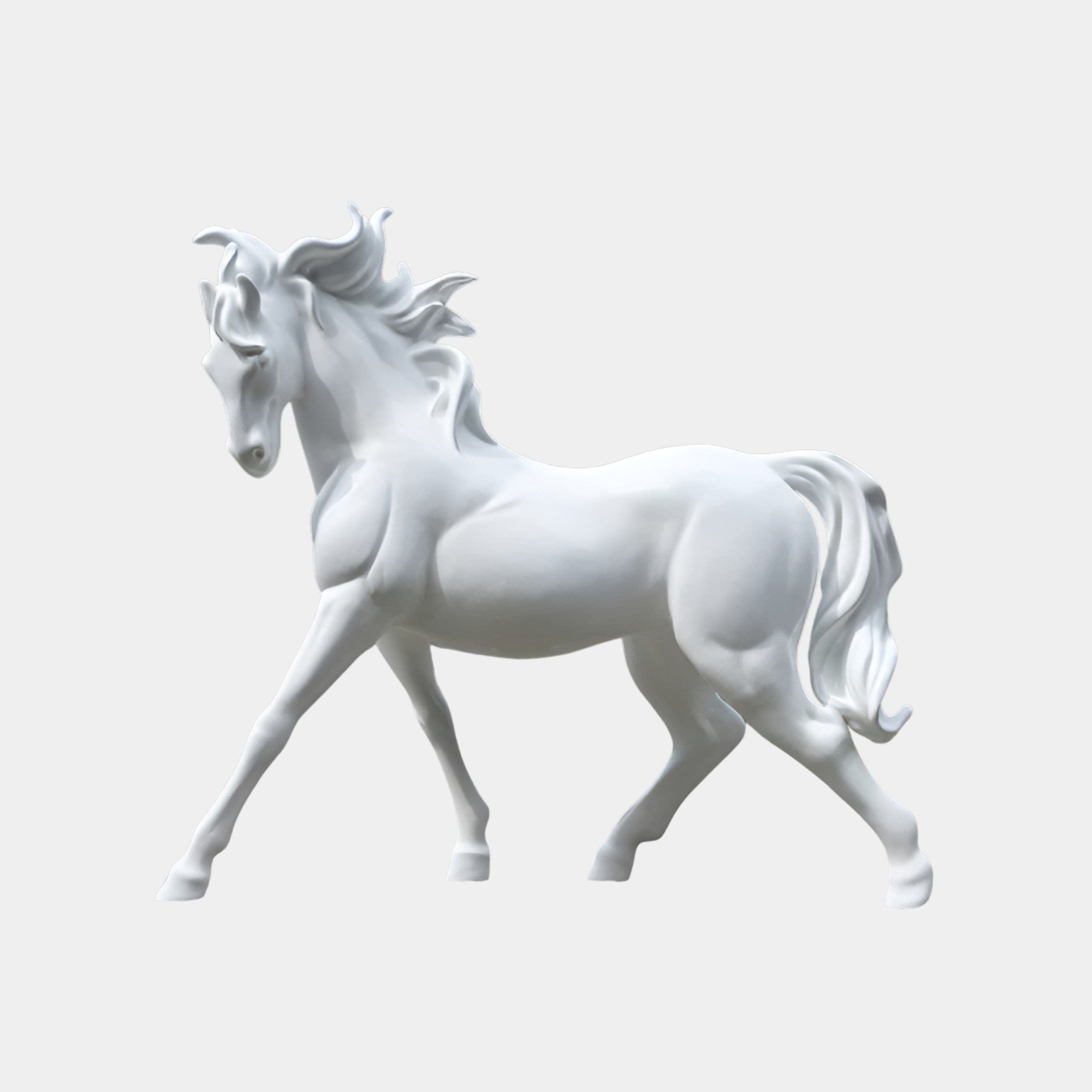 Crangate White Horse Sculpture - 240cm, a fibreglass trotting horse with flowing mane and tail, shown against a plain light grey background.