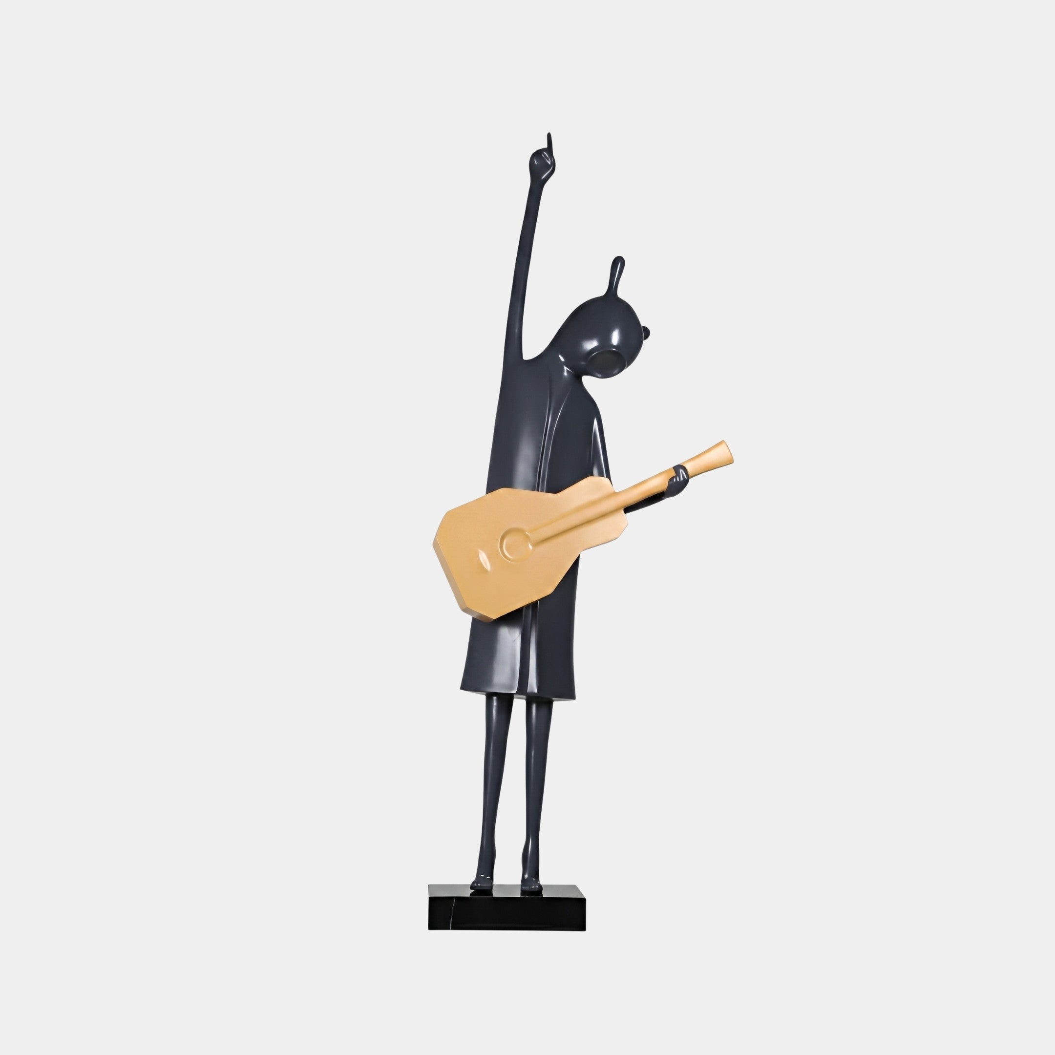 Eldwell Black Cat Sculpture - 165cm, a sleek black resin figure playing a gold guitar with one arm raised, on a black base against a plain light background.