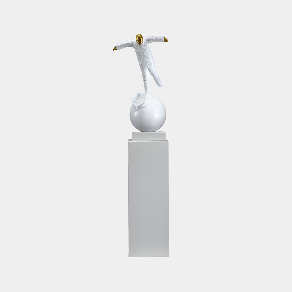 Hazedon Silver & White Abstract Sculpture, 156cm, balanced figure with gold accents atop a white sphere on a tall white plinth, plain light background.