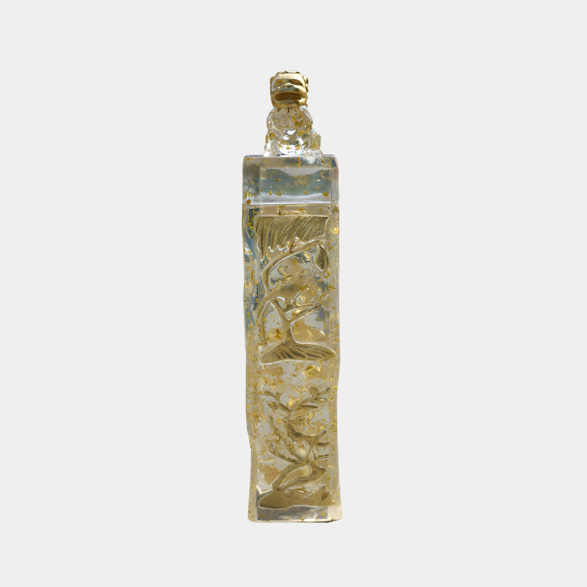 Kelstead Gold Abstract Sculpture (135cm) by Giant Sculptures, a tall clear resin column with gold textured abstract carving, shown against a plain light grey background.