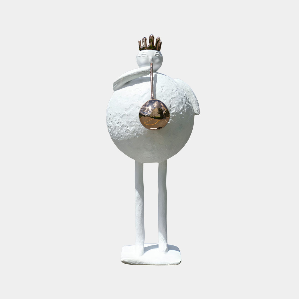 Langby Silver Abstract Sculpture, 160cm fibreglass bird figure with crown, white textured body, silver looping accent, on a plain light background.