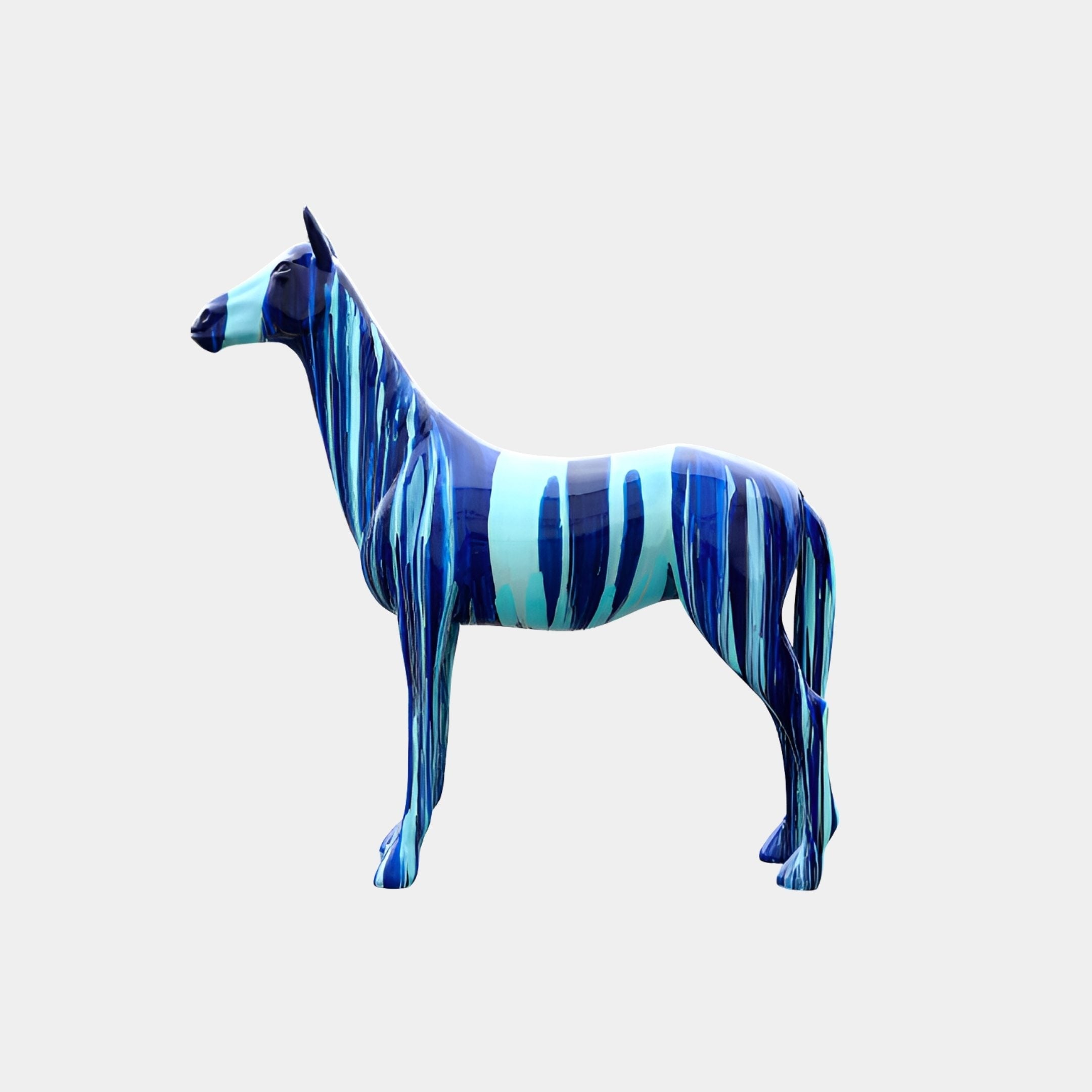 Langwell Blue Horse Sculpture - 169cm, a fibreglass horse in drip-painted shades of blue and teal, shown standing in profile against a plain white background.