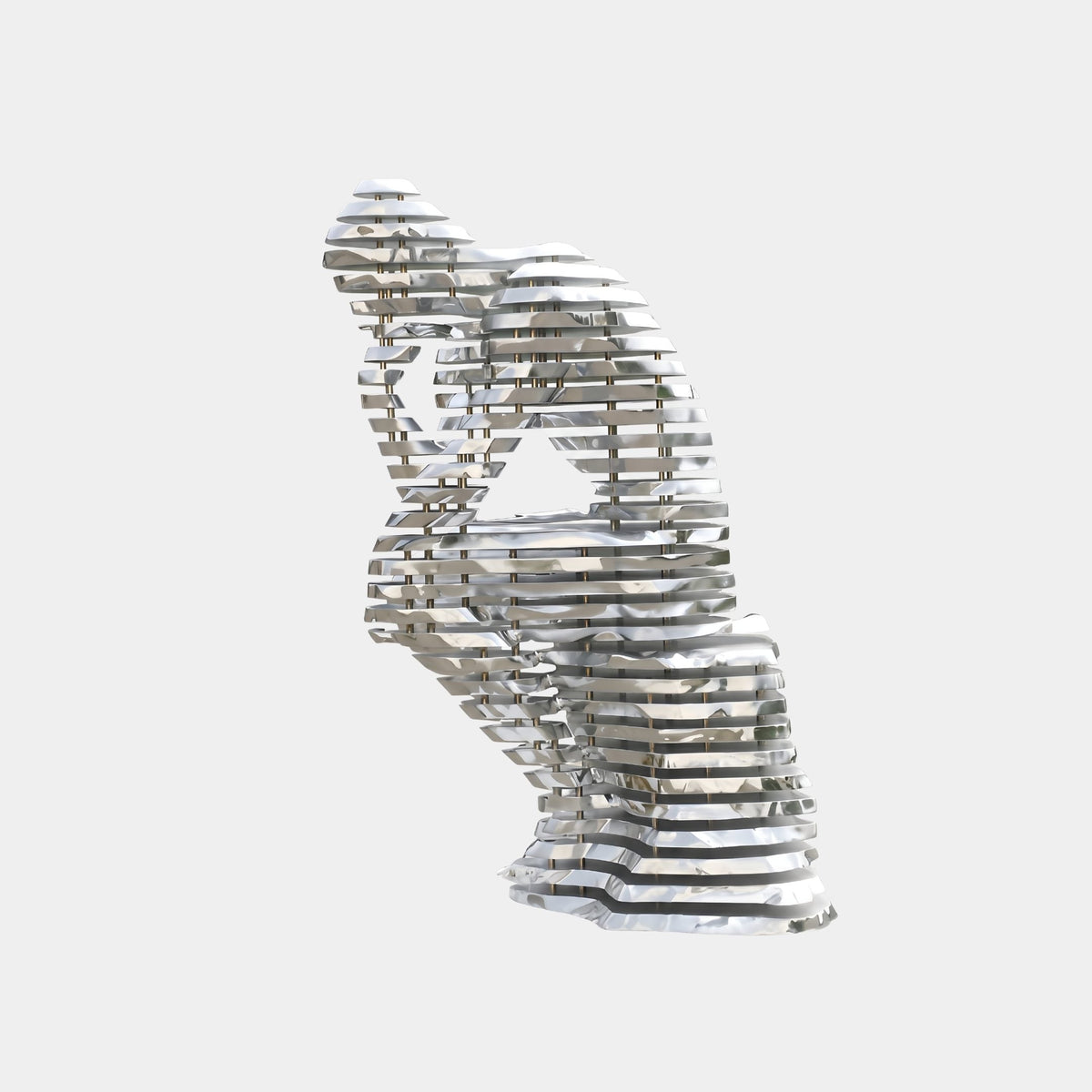 Marford Silver Figure Sculpture - 155cm, a seated abstract fibreglass figure of stacked horizontal slices, chin resting on fist, shown against a plain white background.