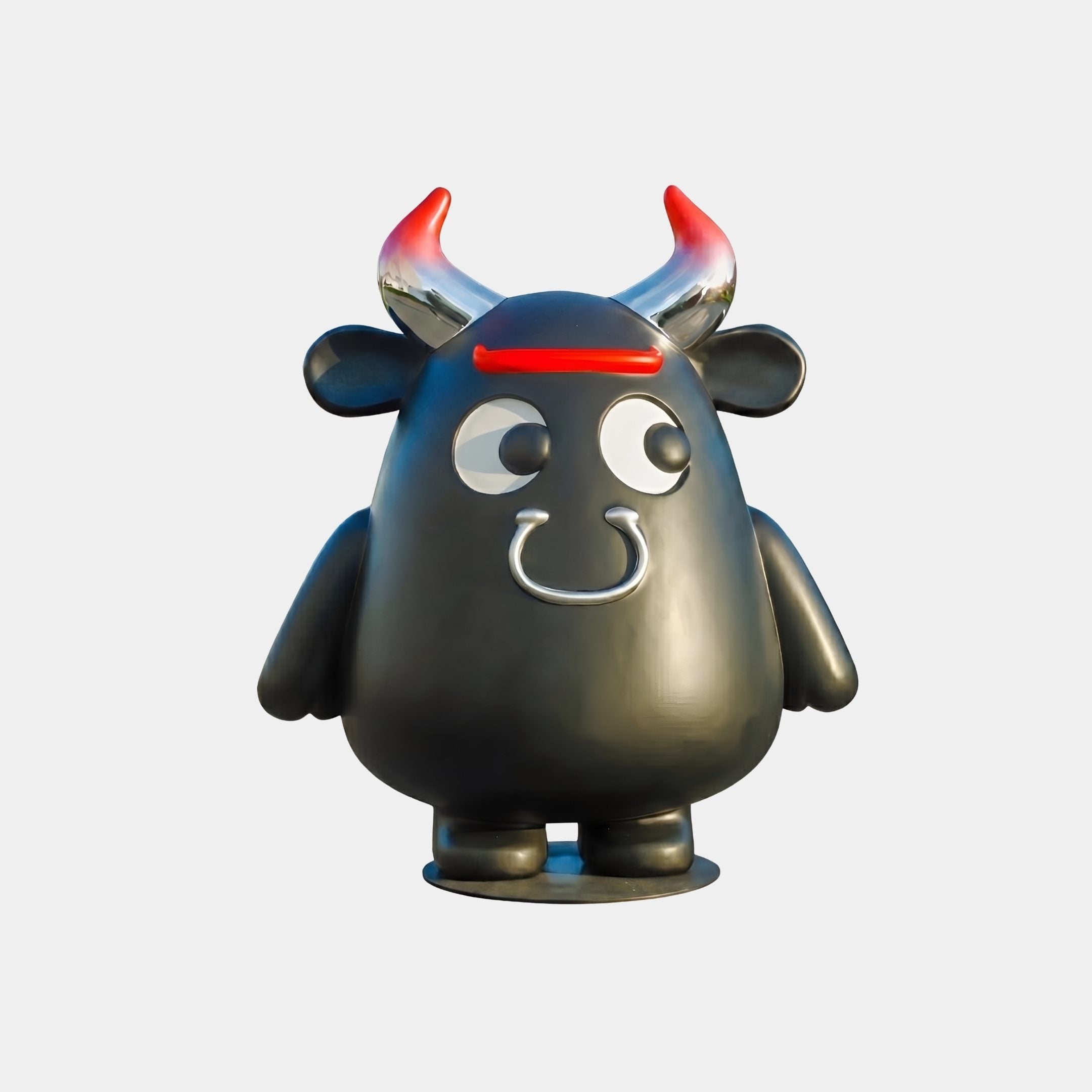 Melworth Black & Blue Bull Sculpture - 145cm, a rounded fibreglass bull figure with chrome horns and nose ring, shown on a plain white background.