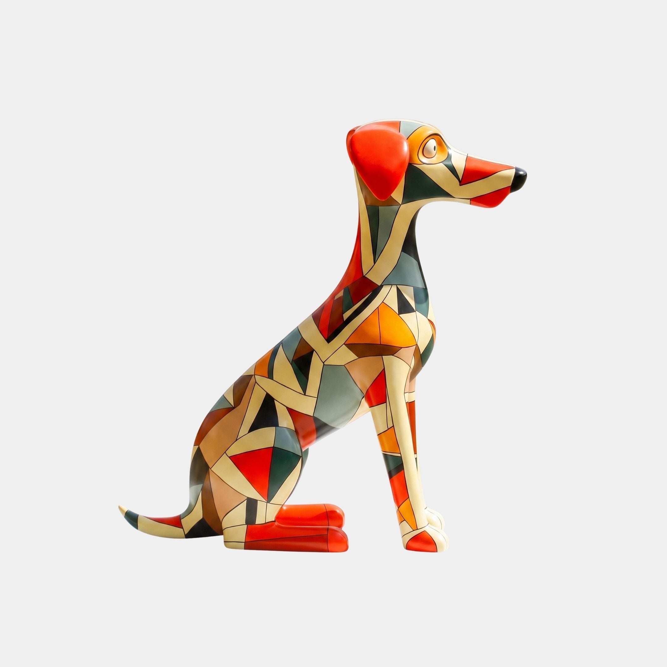 Norwood White Dog Sculpture - 96cm, a seated fibreglass dog in geometric orange, teal, cream, and black patterns, shown against a plain light background.