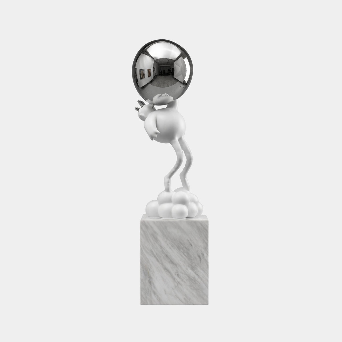 Penley White Abstract Sculpture, 150cm fibreglass figure holding a mirrored sphere on a cloud-like base atop a marble plinth, plain white background.