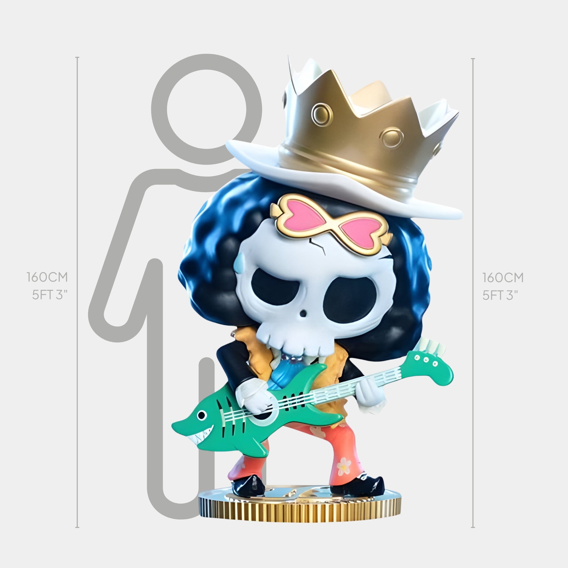 The Grand Line Brook Labubu Sculpture by Giant Sculptures stands 160cm tall on a gold base, featuring a blue afro, heart-shaped sunglasses, crown, and green fish guitar—ideal anime décor. A height chart and human silhouette appear in the background.