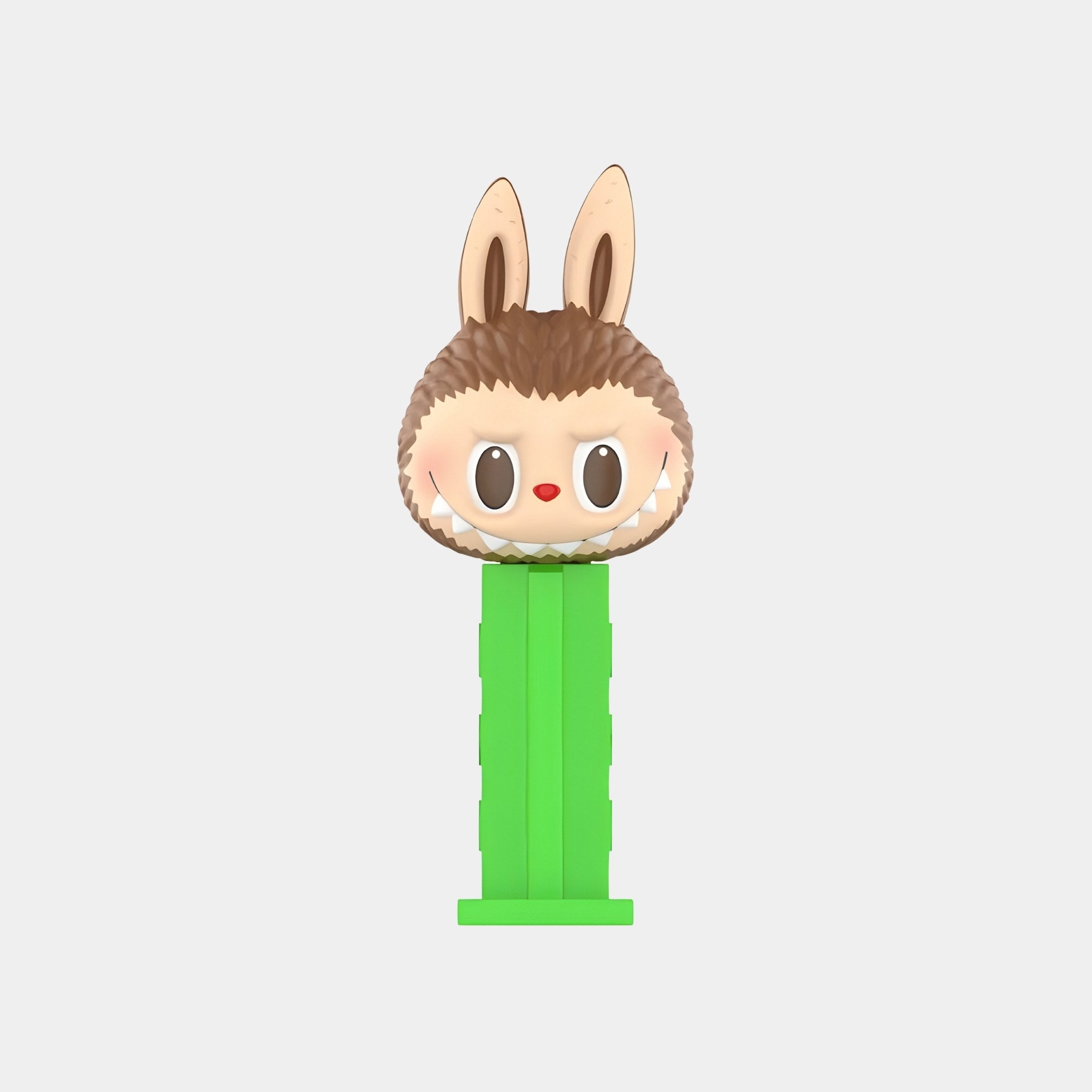 The Buz Candy Labubu Figure (7-10cm) by Giant Sculptures features a bunny head with big eyes, a red nose, tall brown ears, and a bright green base—a collectible art toy displayed against a plain white background.