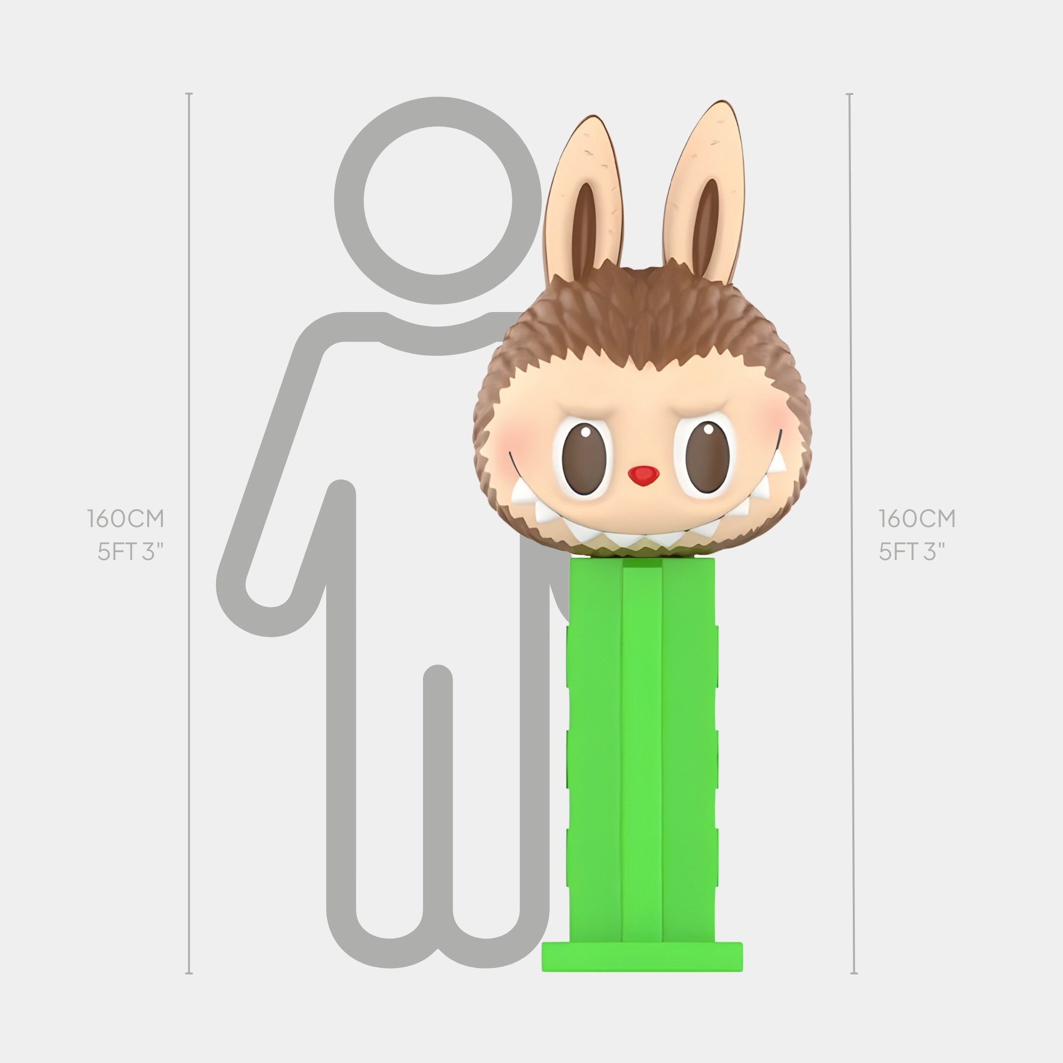 The Giant Sculptures Buz Candy Labubu Sculpture - 160cm features a whimsical bunny-eared, round-faced design in fibreglass on a green pedestal, shown beside a human silhouette for scale. Both stand 160 cm (5 ft 3 in) tall.