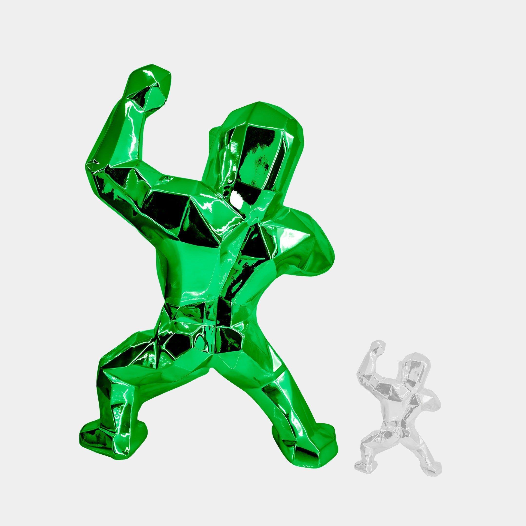 The Forrest Green Gorilla Sculpture by Giant Sculptures, standing at 165cm, is a large, shiny geometric humanoid masterpiece. Next to it, a smaller version continues its nature-inspired elegance against a plain backdrop, making both striking additions to modern interior design.