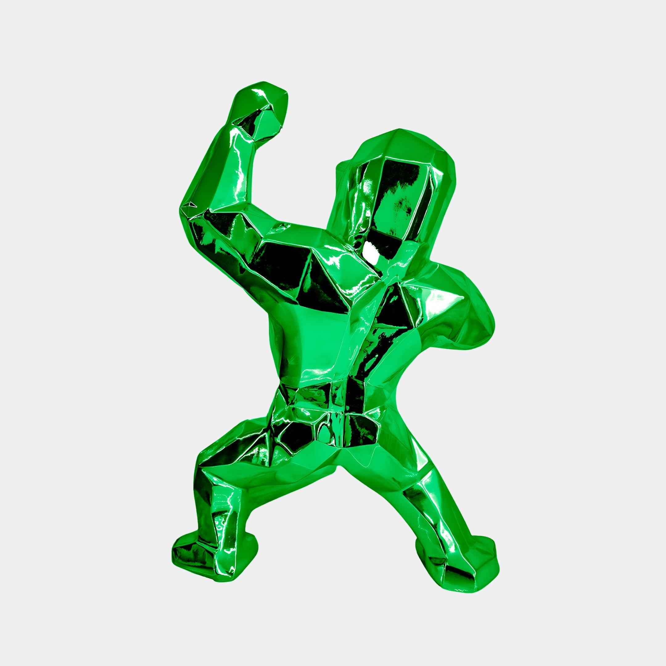 The Forrest Green Gorilla Sculpture - 50cm by Giant Sculptures is a stylized human figure with shiny geometric lines and exaggerated muscles. Its electroplated finish on a plain background enhances the pose, with one arm bent upward and the other outward for a dynamic stance.