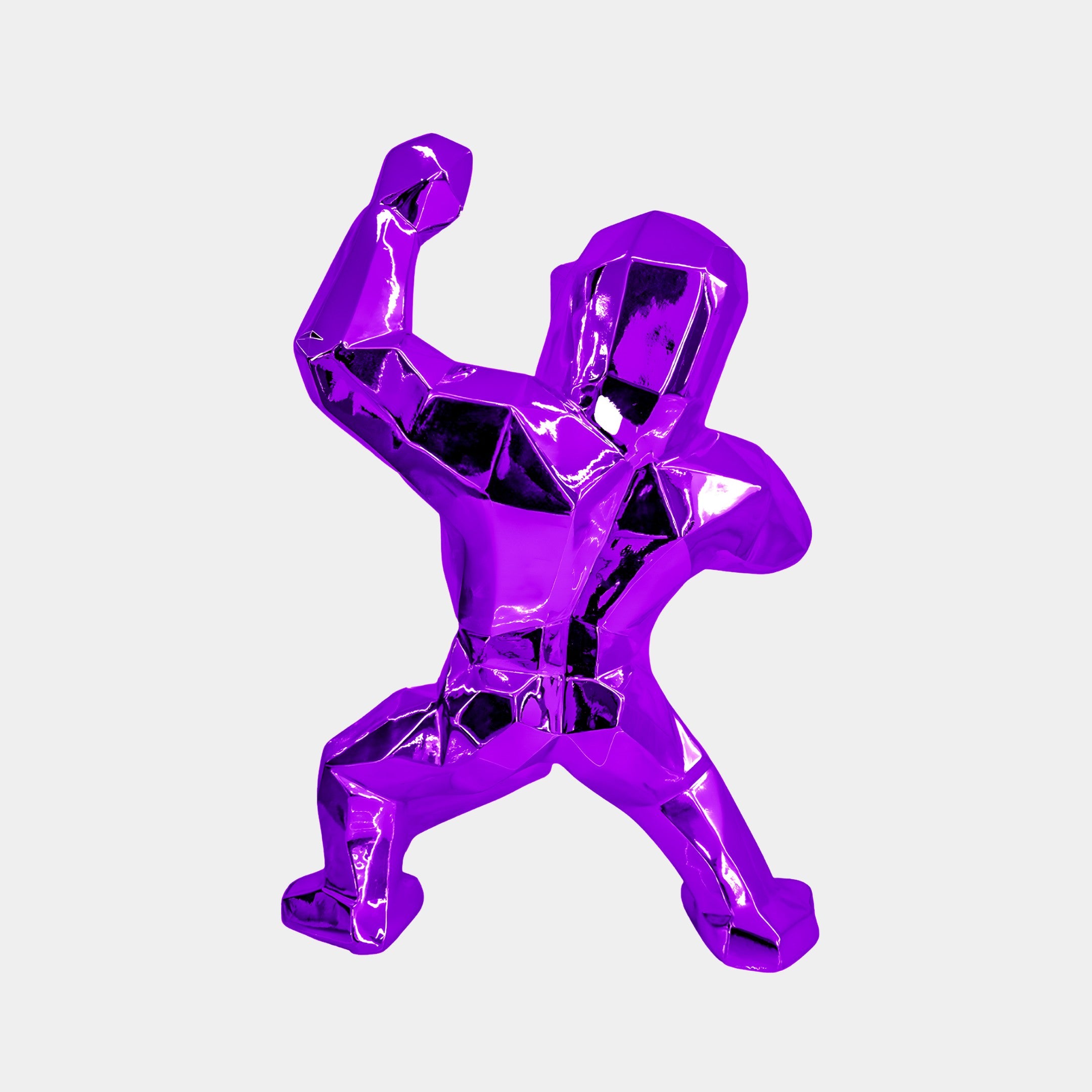 The Phantom Purple Gorilla Sculpture by Giant Sculptures features a humanoid figure in an energetic pose with one arm flexed upward, showcasing regal accents and sharp angles that glimmer against a sleek white background, merging innovation with elegance.