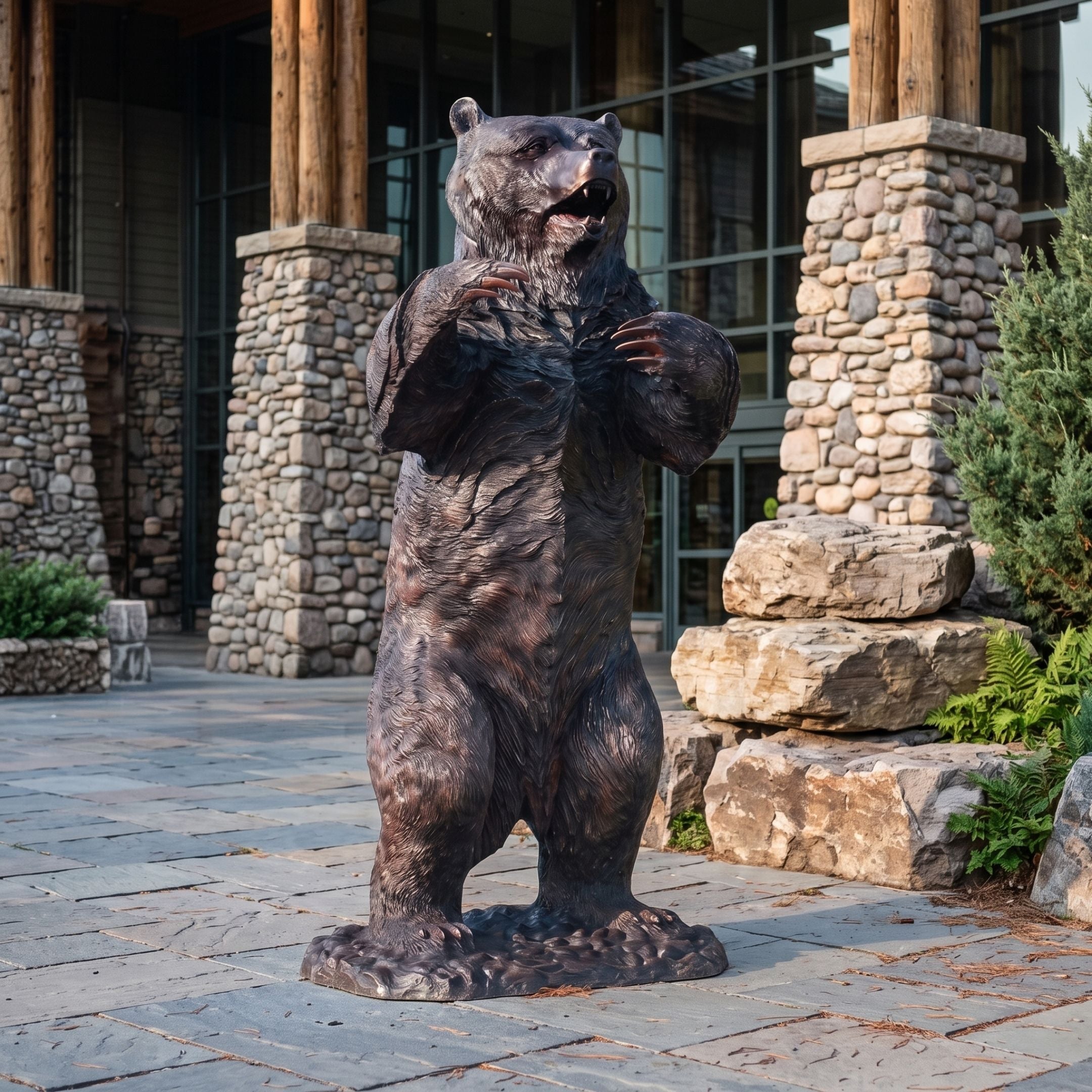 Life-Size Standing Bear Bronze Sculpture, 280cm, rearing upright with head back and paws clutching a rock, displayed on stone patio near a stone-columned building.