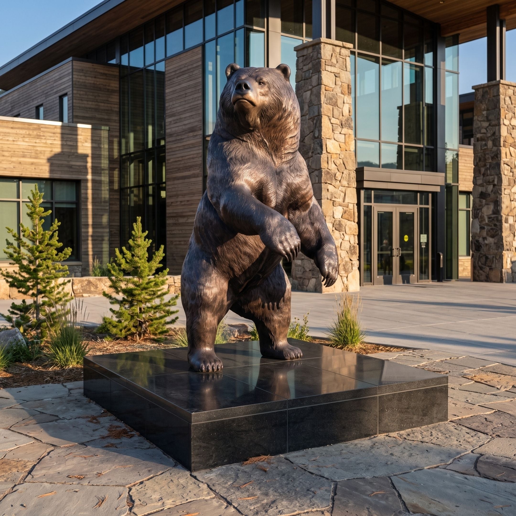 Monumental Rearing Grizzly Bear Bronze Sculpture, 350cm, standing upright on a black stone base outside a stone and glass building entrance.