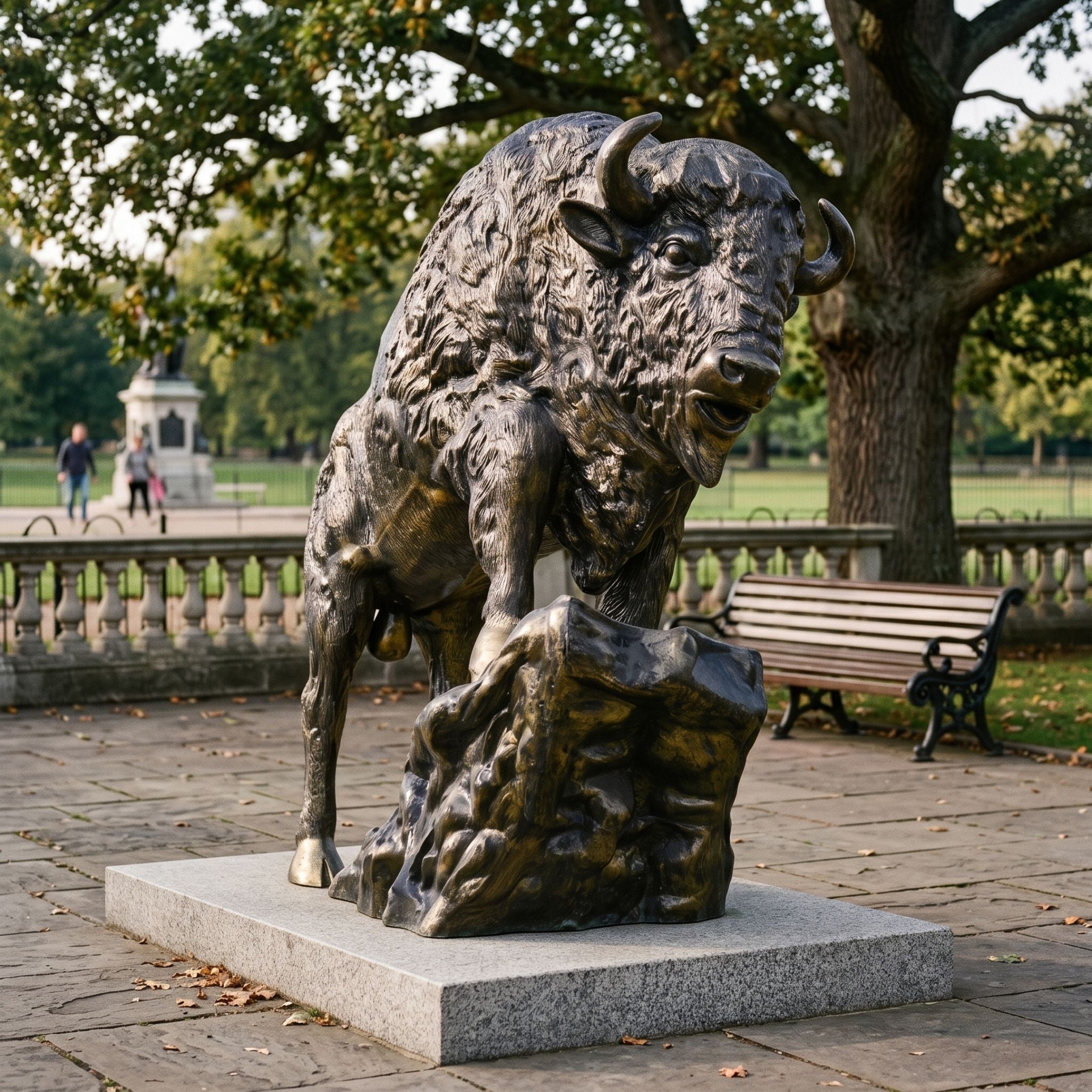 Monumental Traditional Bison Bronze Sculpture, 230cm, cast bronze bison climbing a rocky outcrop on a stone base, set in a park with a bench and trees behind.