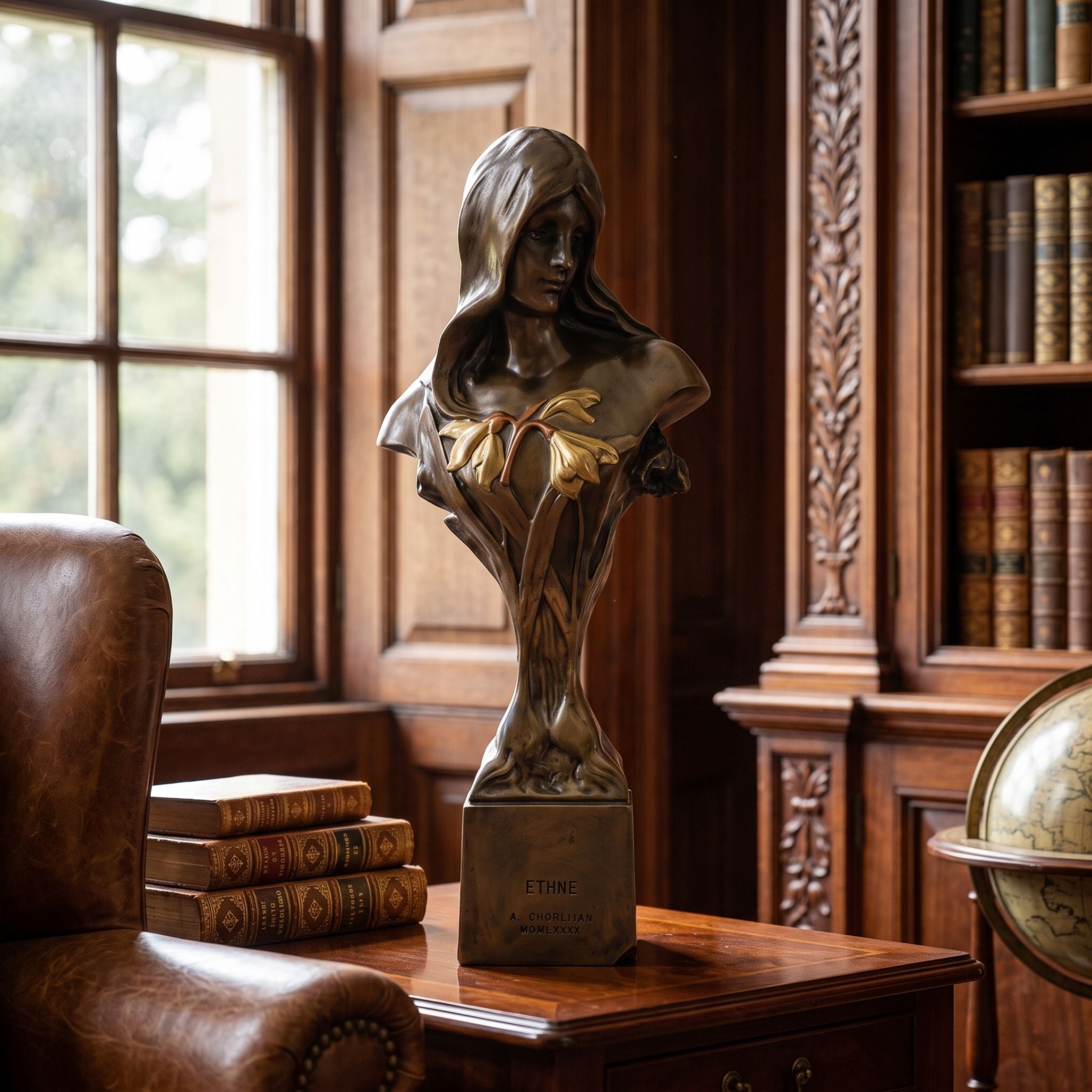 Classical Female Bust Bronze Bust - 75cm by Giant Sculptures, dark-patinated bronze with gilt floral detail, displayed on a wooden desk in a library setting.