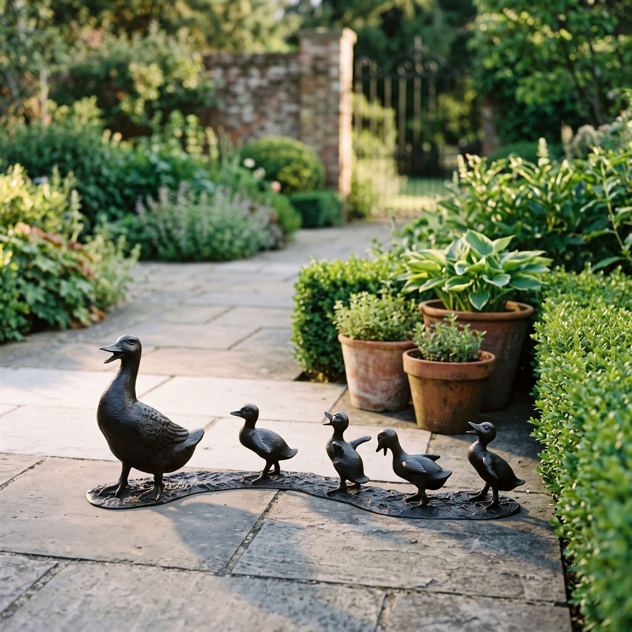 Traditional Mother Duck and Ducklings Bronze Sculpture, 60cm, by Giant Sculptures, shown on a stone garden path lined with potted plants and greenery.