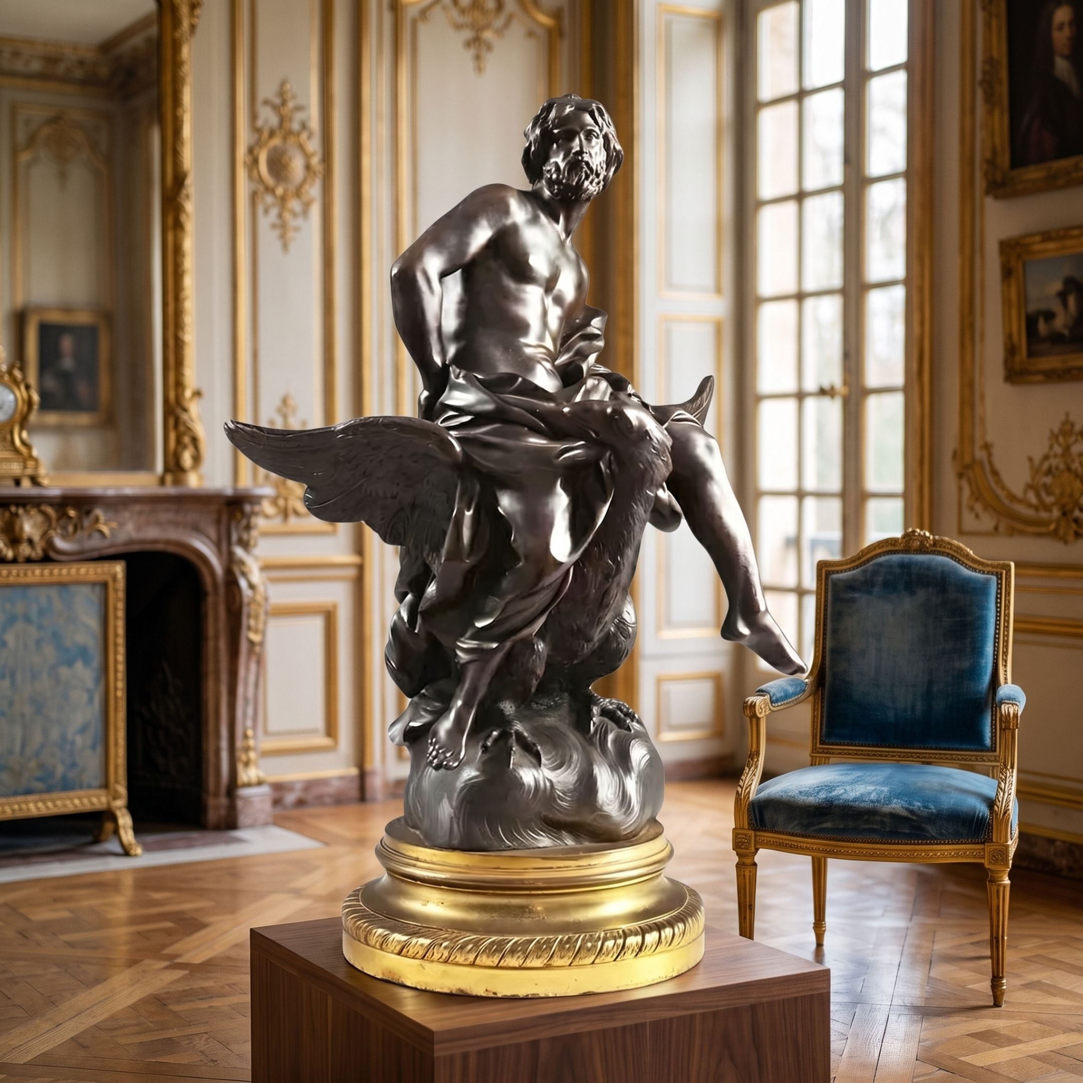 Large Classical Bearded Figure on Eagle Bronze Sculpture, 120cm, on gilt plinth in an ornate room beside a blue velvet armchair.