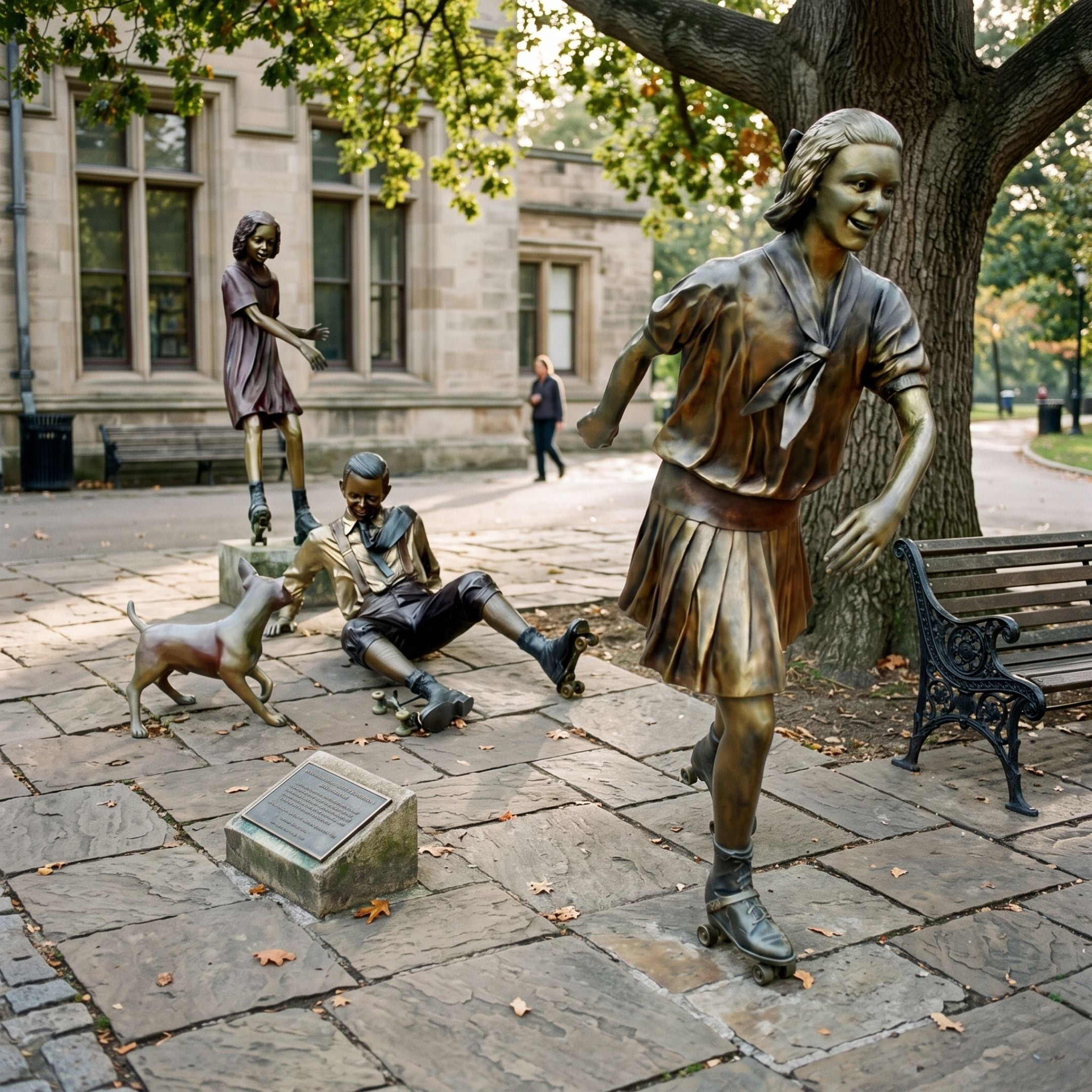 Life-Size Children Roller Skating Bronze Sculpture, 200cm, by Giant Sculptures, showing a girl mid-skate, a fallen boy, a girl by a bench, and a dog on a paved courtyard.
