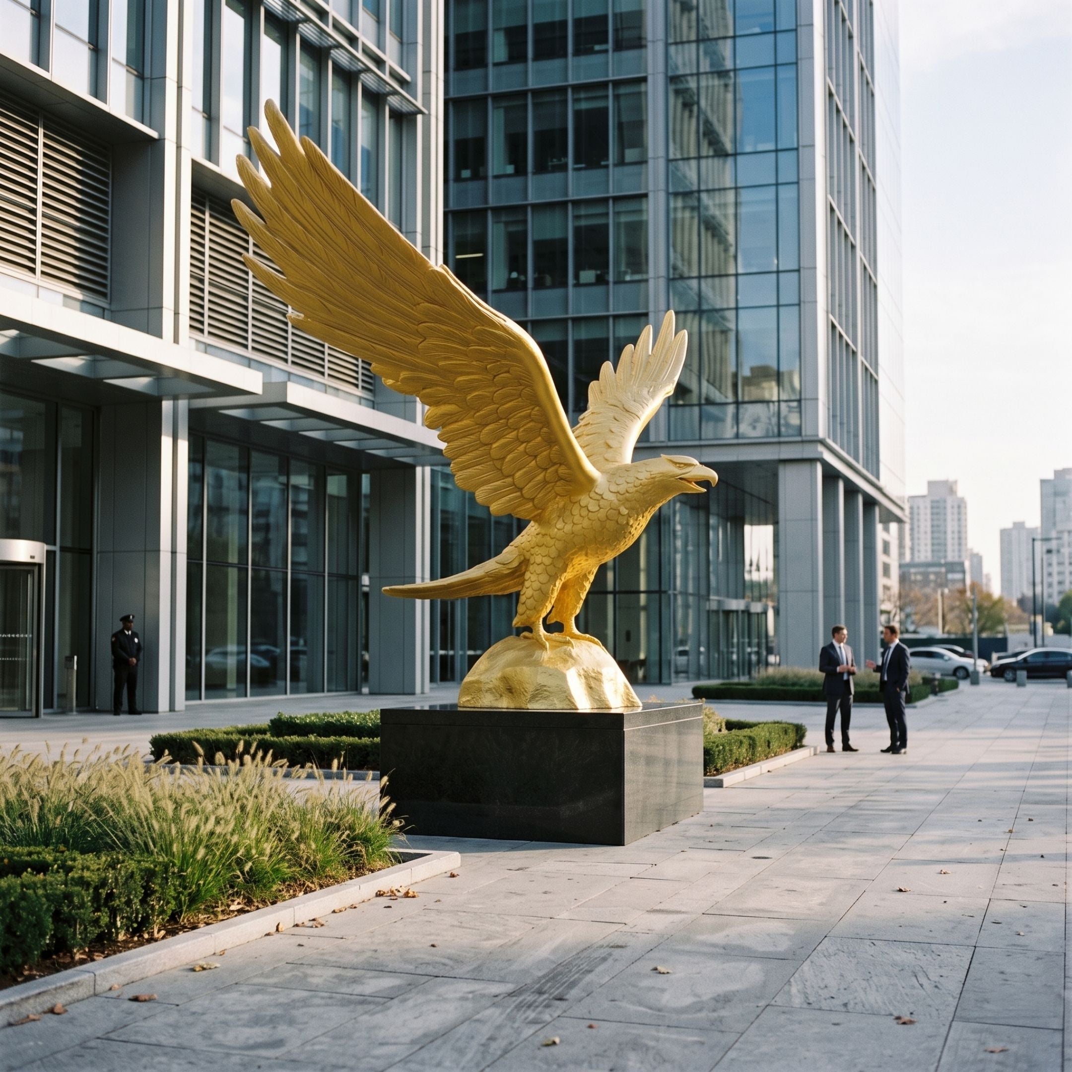 Monumental Traditional Bald Eagle Bronze Sculpture, 380cm, gold-finished with wings spread on a rocky mound base atop a black plinth outside an office building.