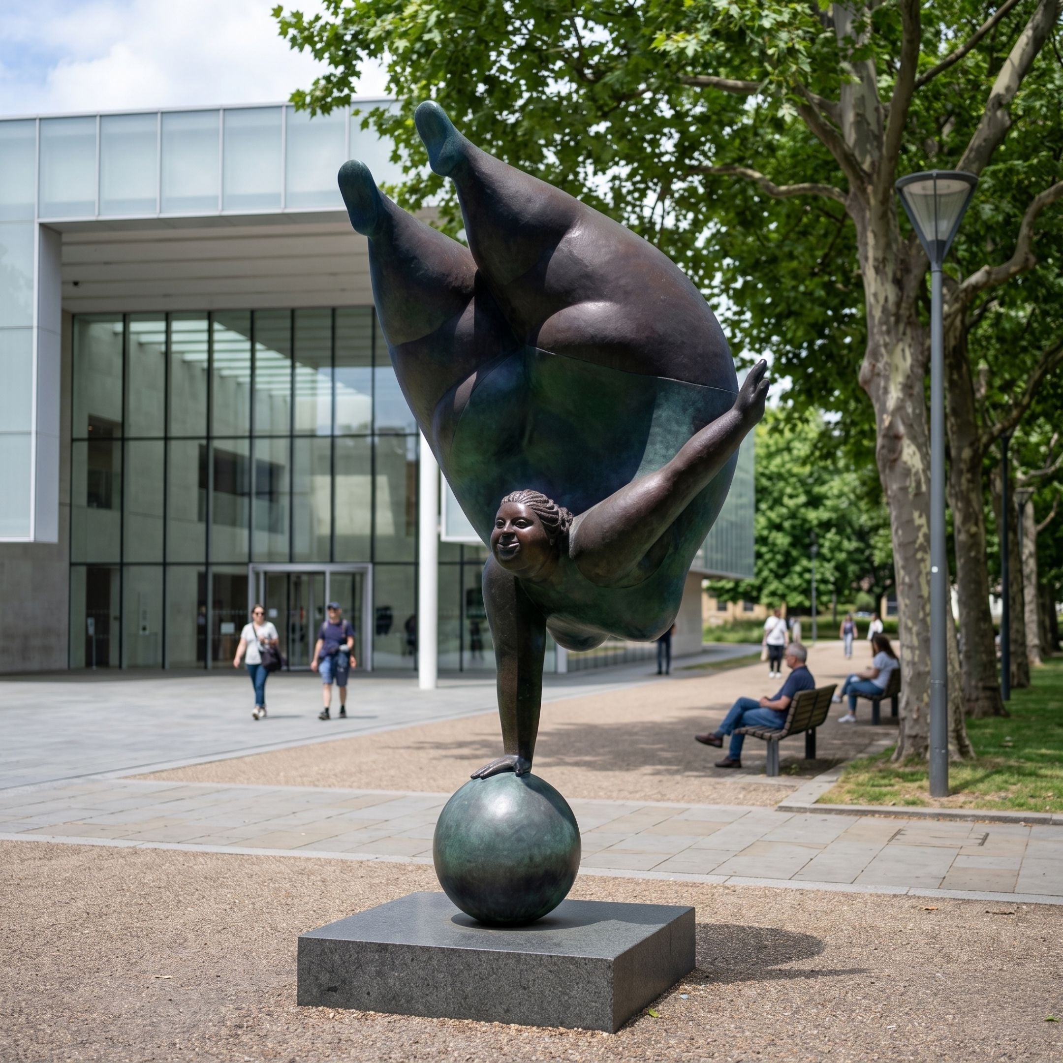 Giant Contemporary Voluptuous Acrobat on Sphere Bronze Sculpture, 250cm, dark bronze figure balanced on hands atop a sphere with legs split overhead, displayed outdoors on a stone base near a glass building and trees.