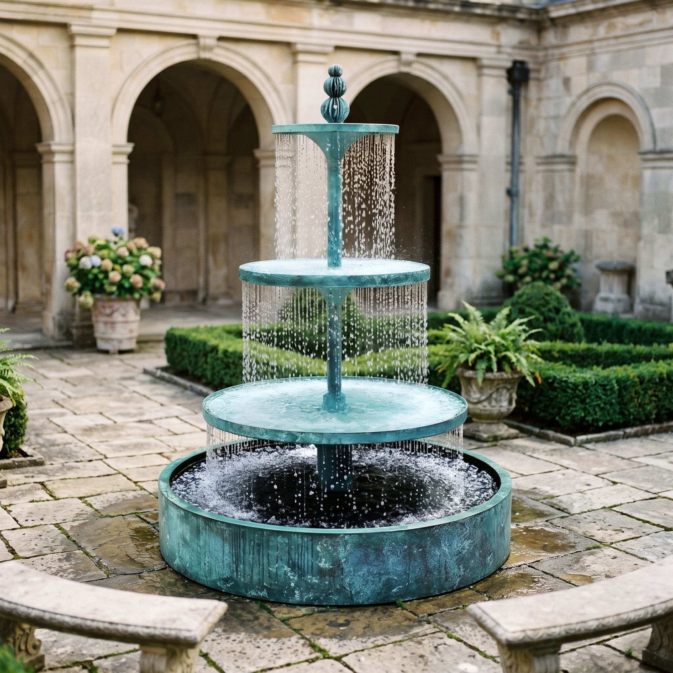 Monumental Contemporary Three-Tier Cascading Bronze Fountain, 280cm, in a stone courtyard with arched arcade, showing water sheeting from each tier into a ribbed basin.