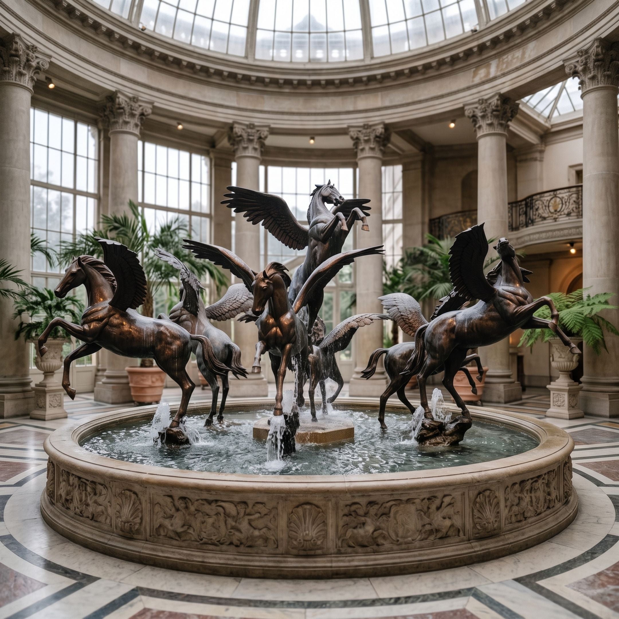 Monumental Classical Eight Pegasus Bronze Fountain, 320cm, dark patina cast bronze winged horses rearing above a stone basin in a domed glass atrium.