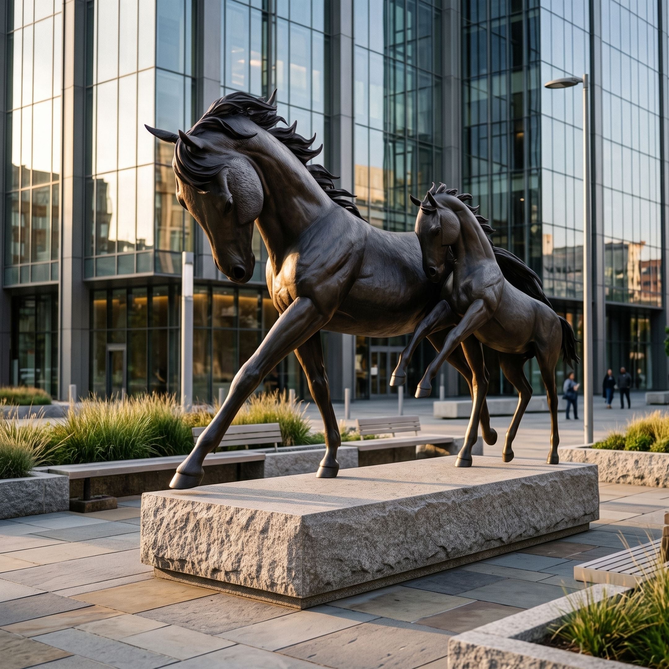 Life-Size Traditional Standing Foal Bronze Sculpture, 190cm, shown beside a larger bronze horse on a stone plinth outside a glass office building.