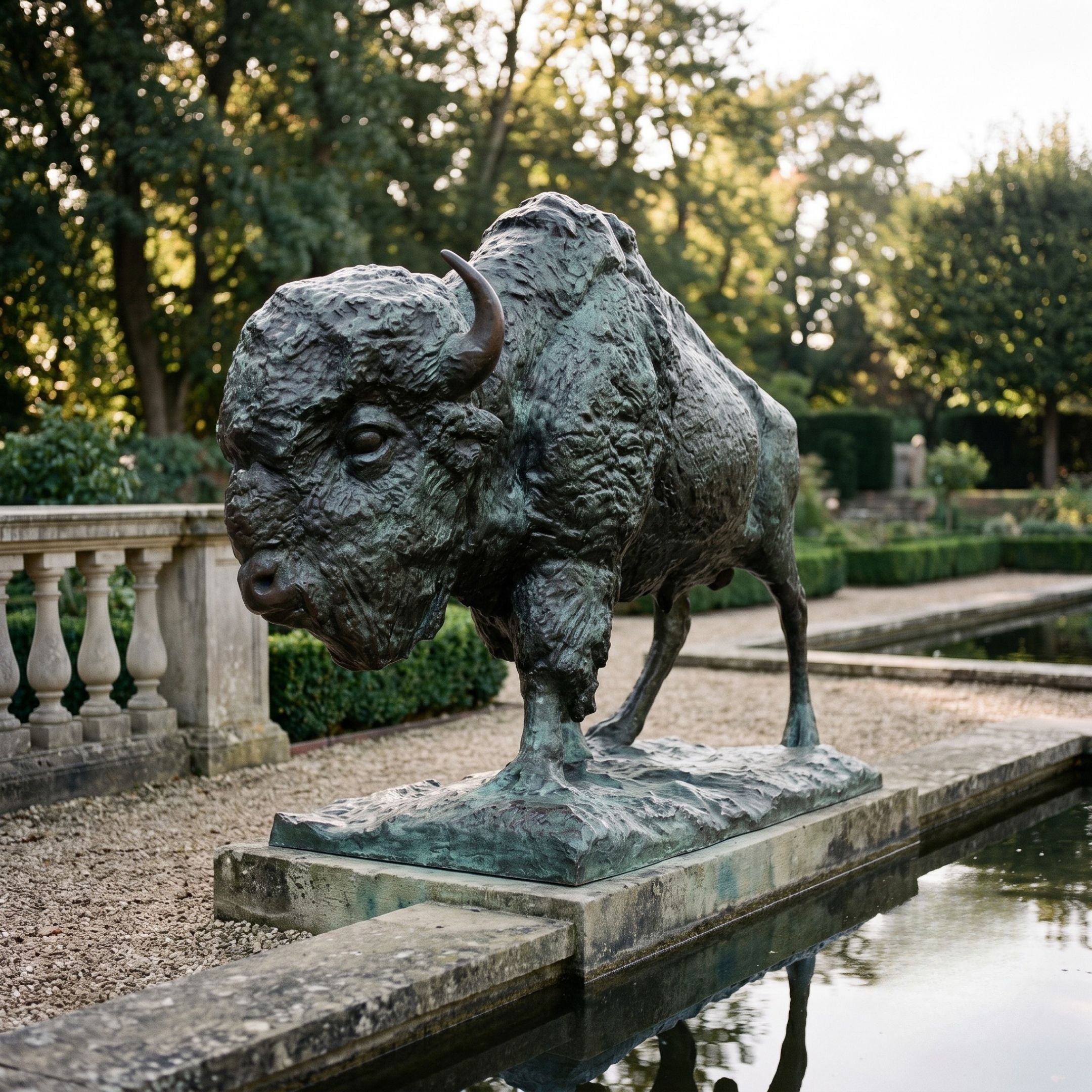 Monumental Charging Bison Bronze Sculpture by Giant Sculptures with green-blue verdigris patina, shown in profile on a stone plinth beside a formal garden pool.