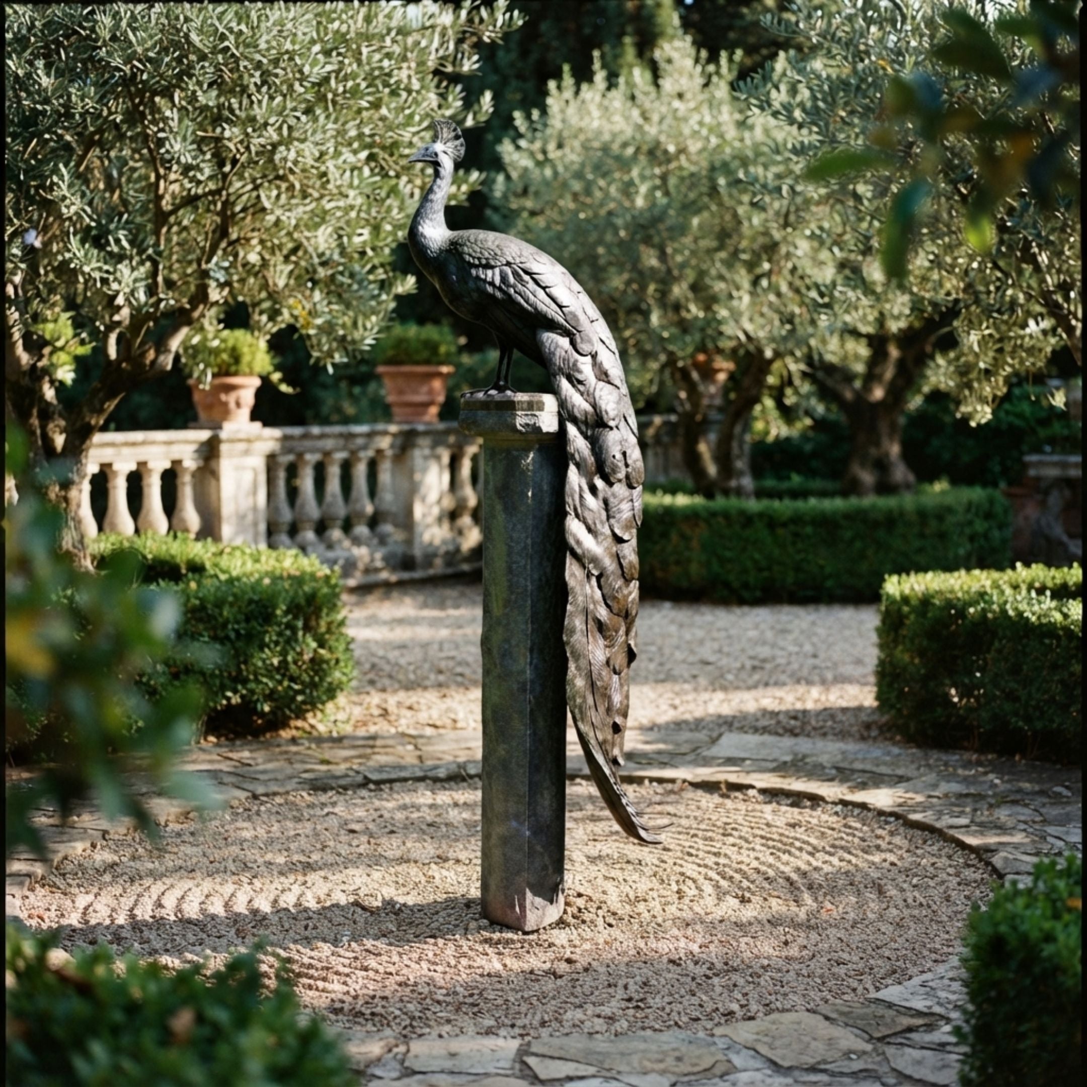 Large Traditional Peacock Bronze Sculpture by Giant Sculptures on a tall stone column, tail cascading down, set in a formal garden with olive trees.